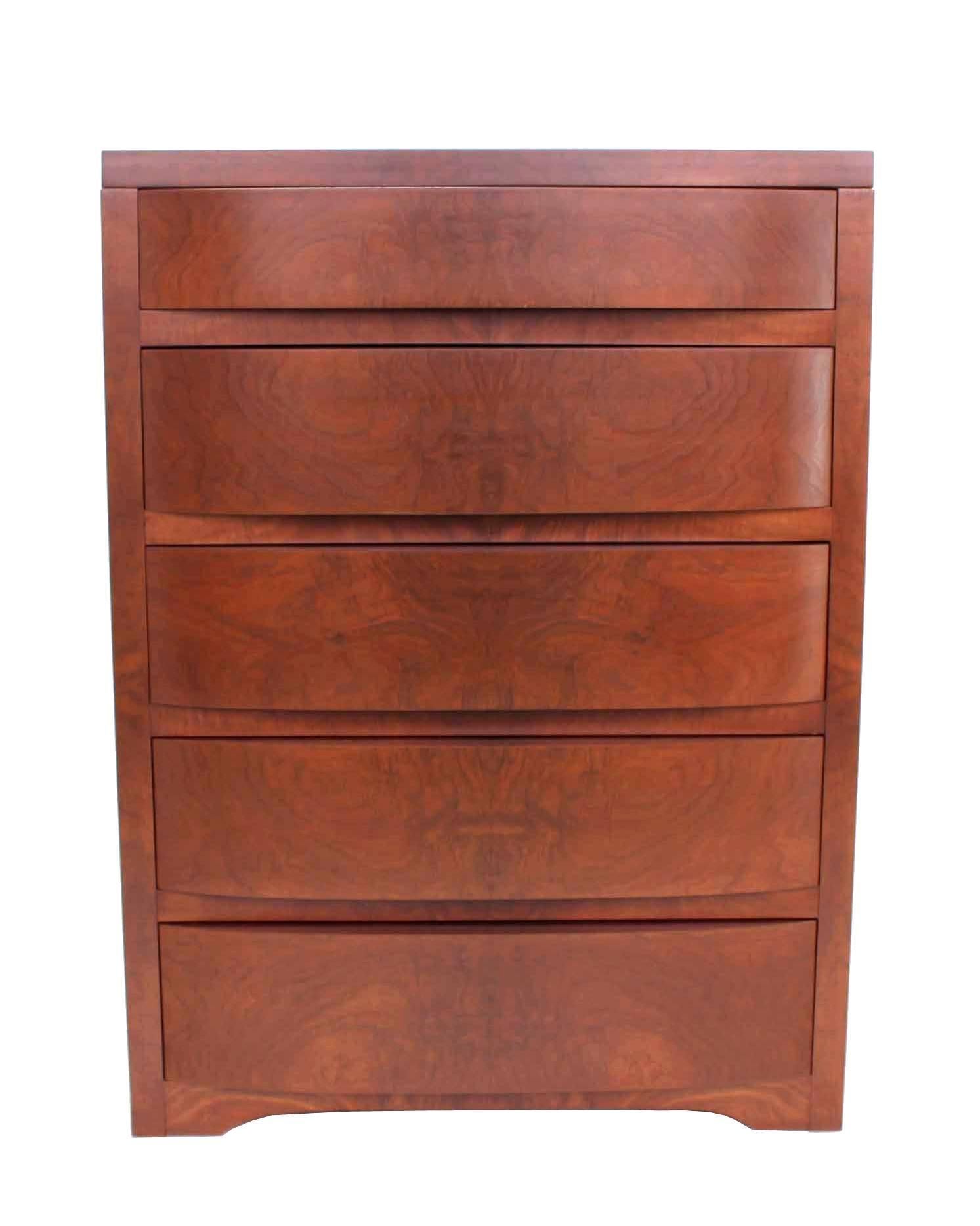 American Concealed Mirror Art Deco Burl Wood High Chest Dresser Chest of Drawers. For Sale