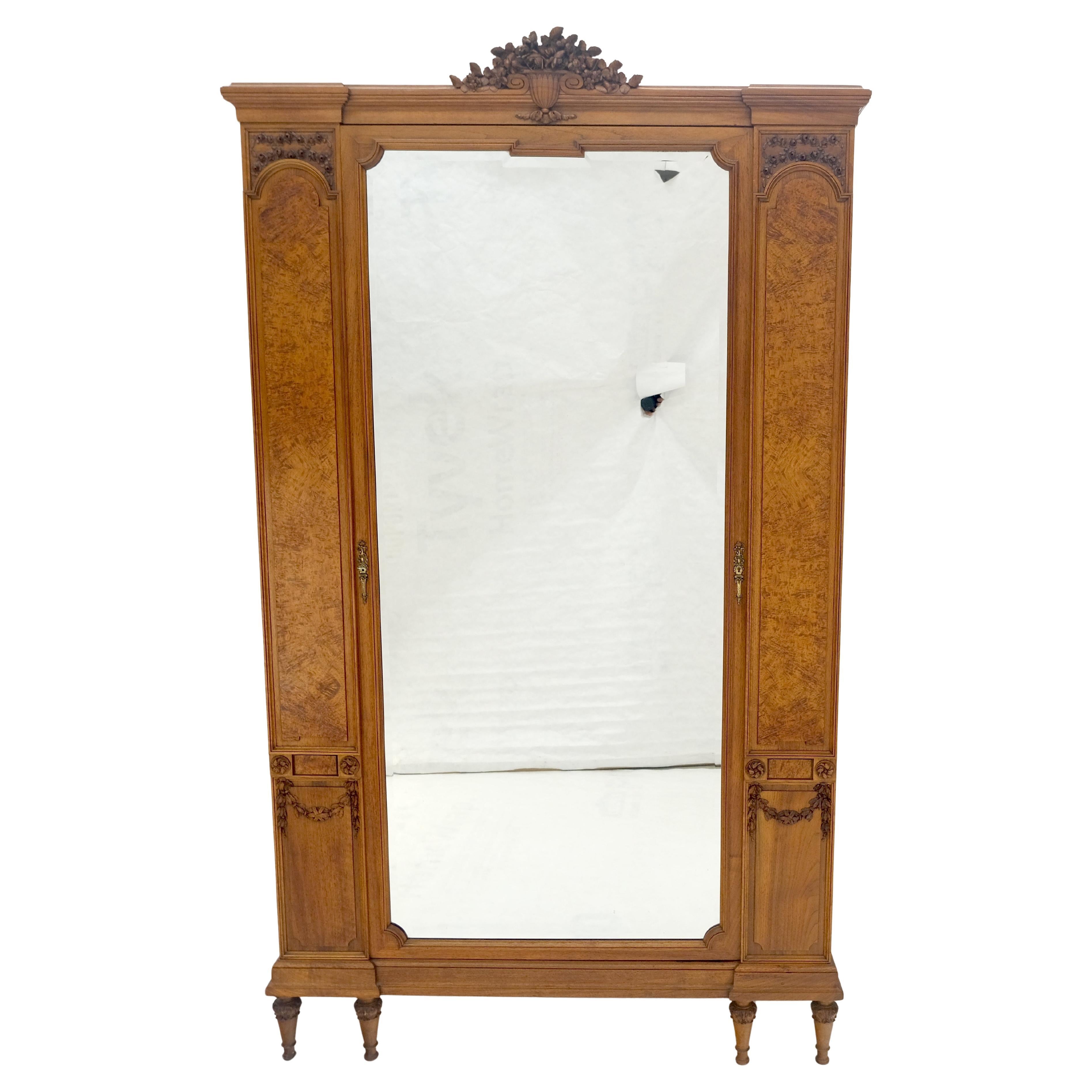 Mint Fine French Carved Burl Satin Wood Beveled Mirror Door Armoire Wardrobe
