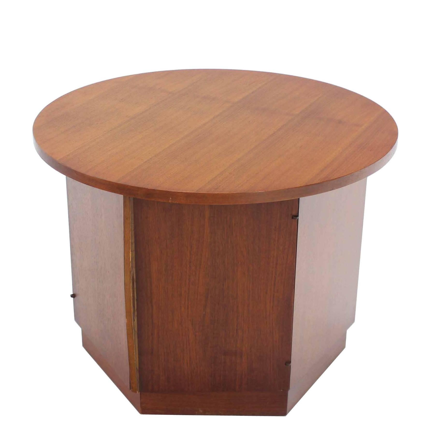 Mid-Century Modern Hexagon Storage Base Round Top Walnut Side Table