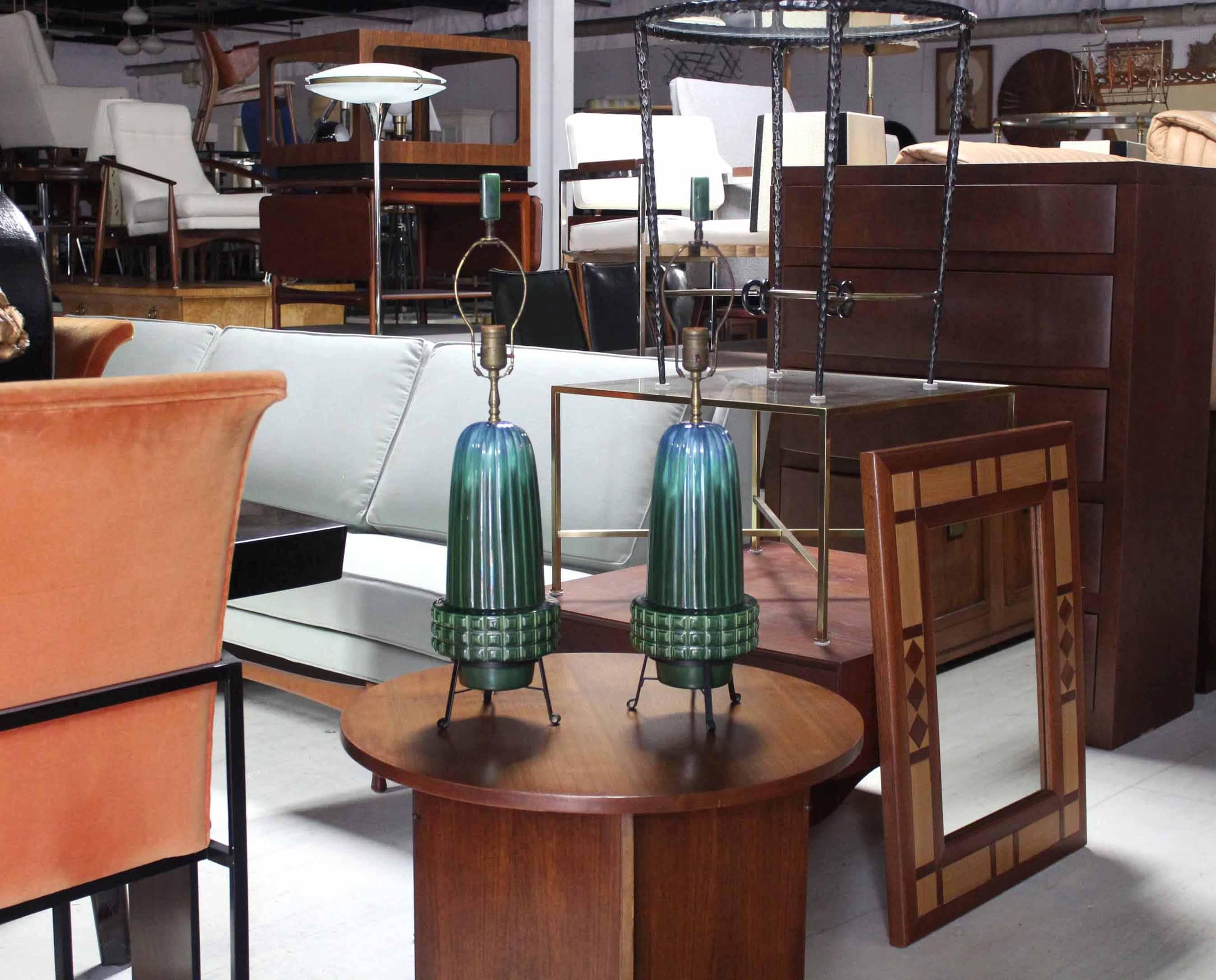 Pair of very nice Mid-Century Modern turquoise ceramic table lamps on metal bases.
