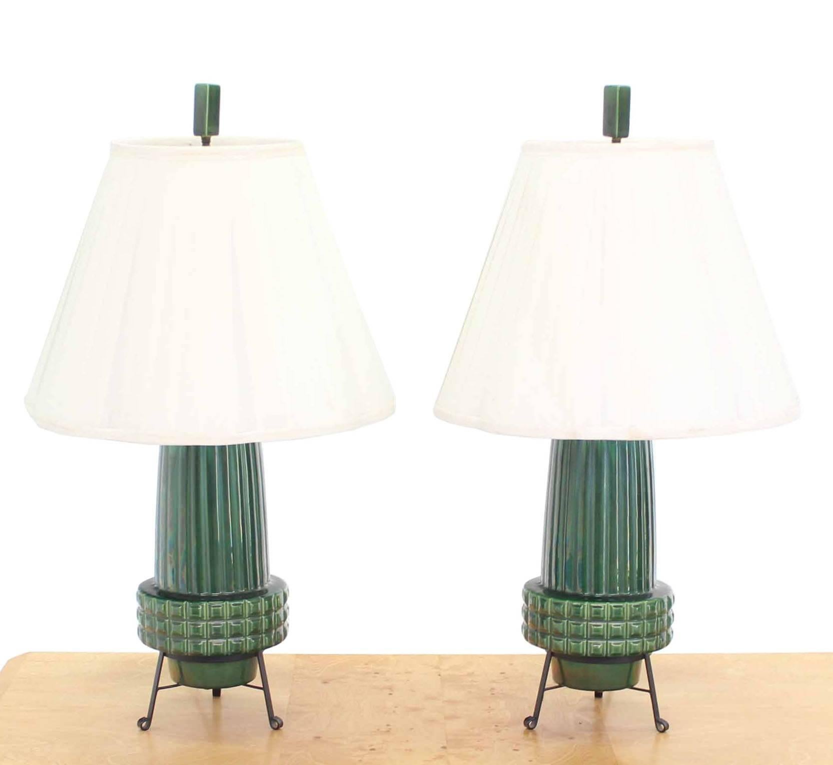 Mid-Century Modern Pair of Art Pottery Fluted Bullet Shape Table Lamps