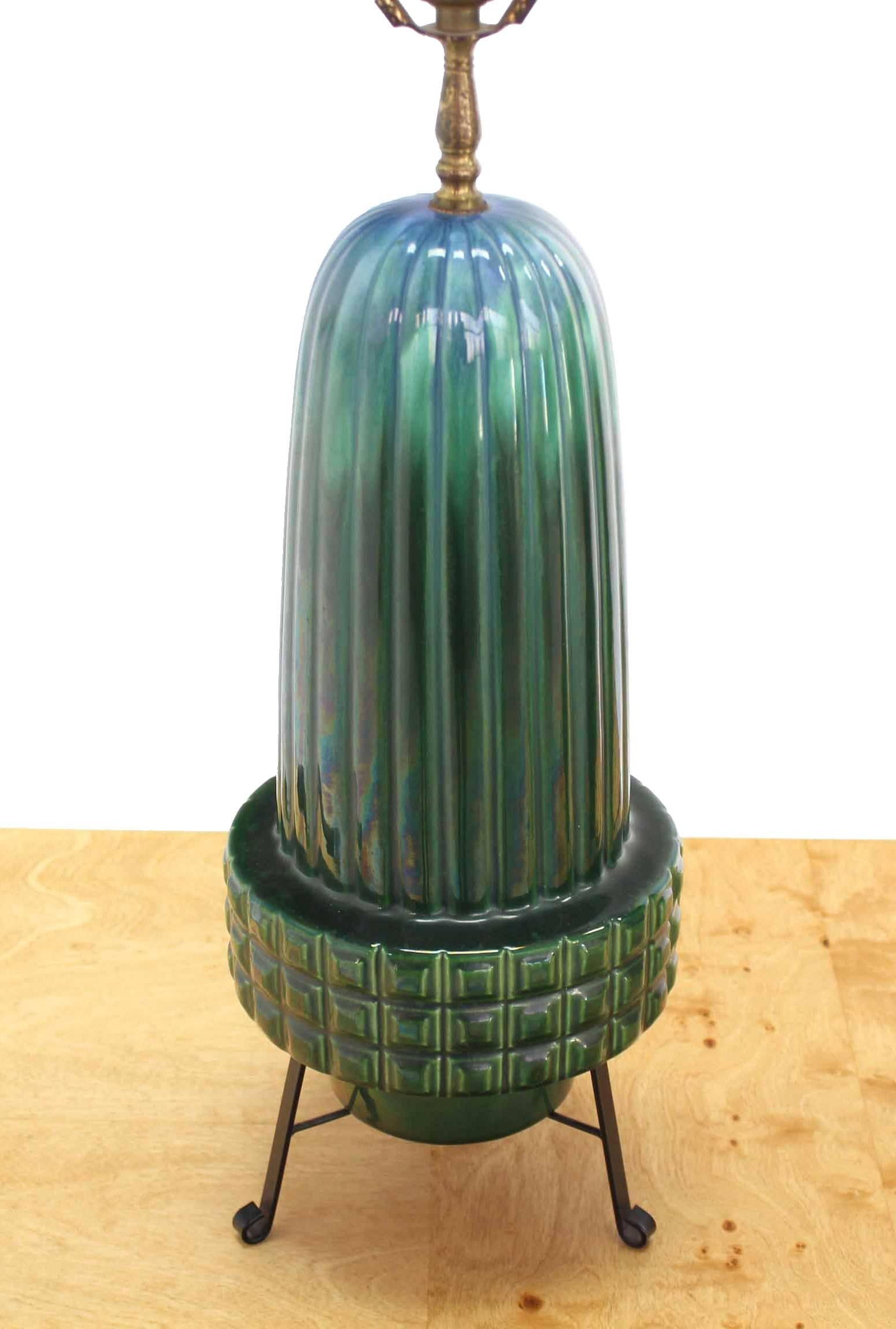 Pair of Art Pottery Fluted Bullet Shape Table Lamps 1