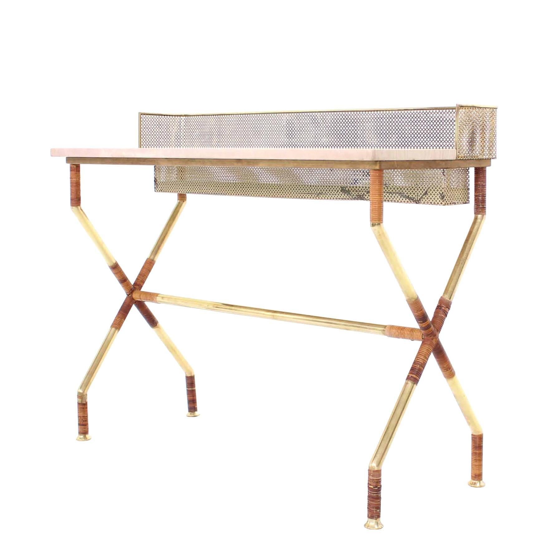 Mid-Century Modern Rare X-Base Brass and Marble Travertine Top Console Table with Planter or Vanity For Sale