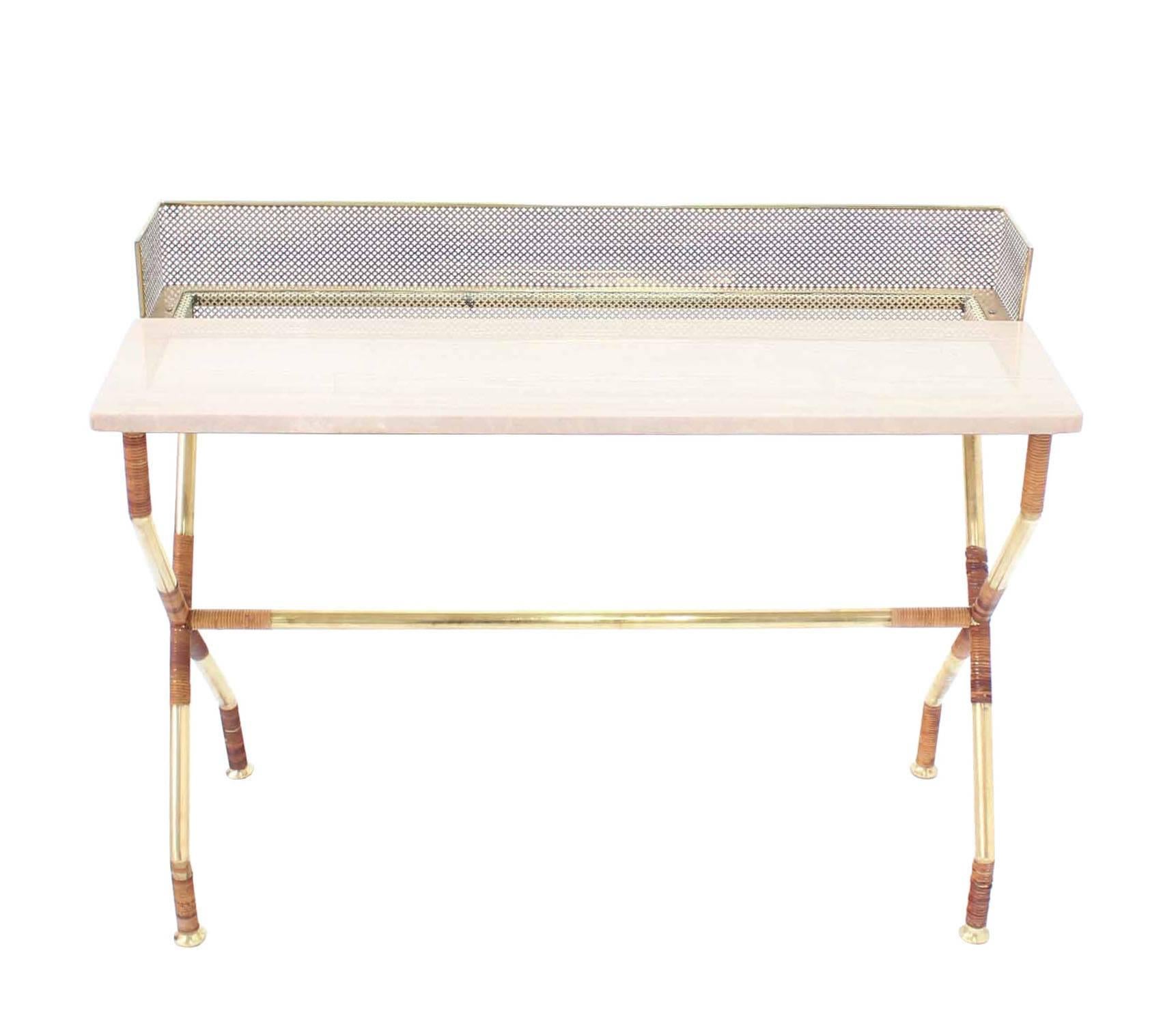20th Century Rare X-Base Brass and Marble Travertine Top Console Table with Planter or Vanity For Sale
