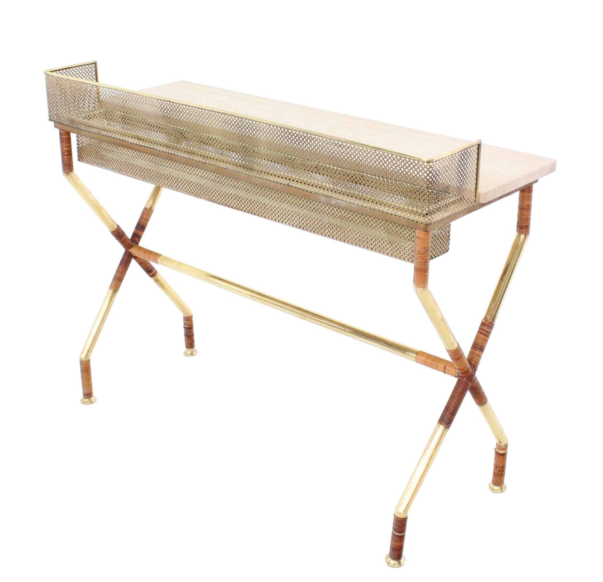Rare X-Base Brass and Marble Travertine Top Console Table with Planter or Vanity For Sale 4