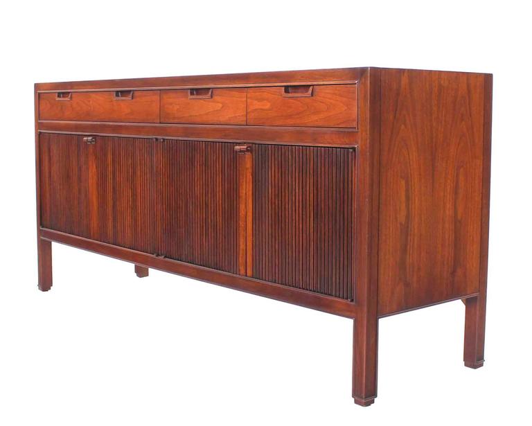 Mid Century Modern Walnut Long Credenza Dresser Fluted Panels Doors