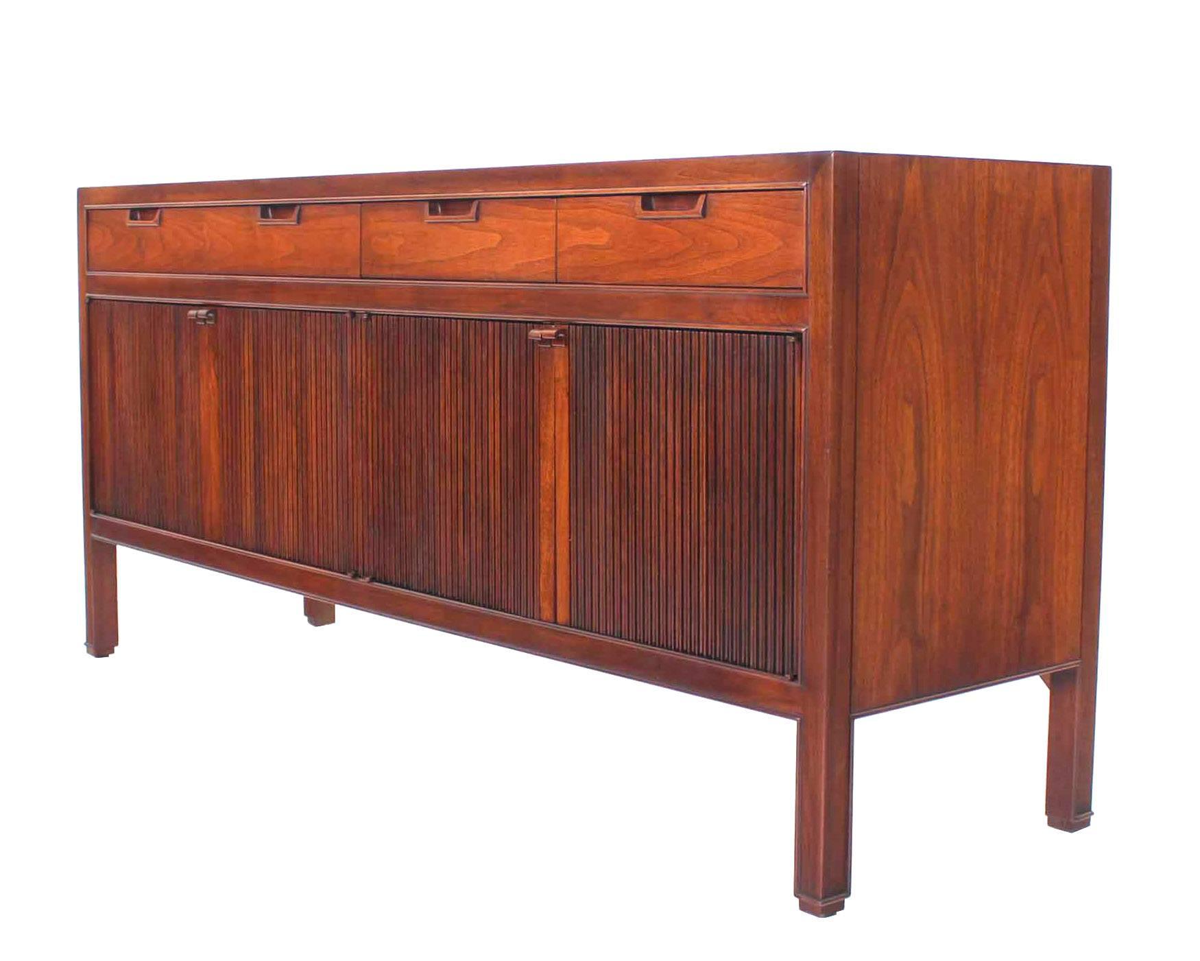 Lacquered Mid Century Modern Walnut Long Credenza Dresser Fluted Panels Doors Cabinet 