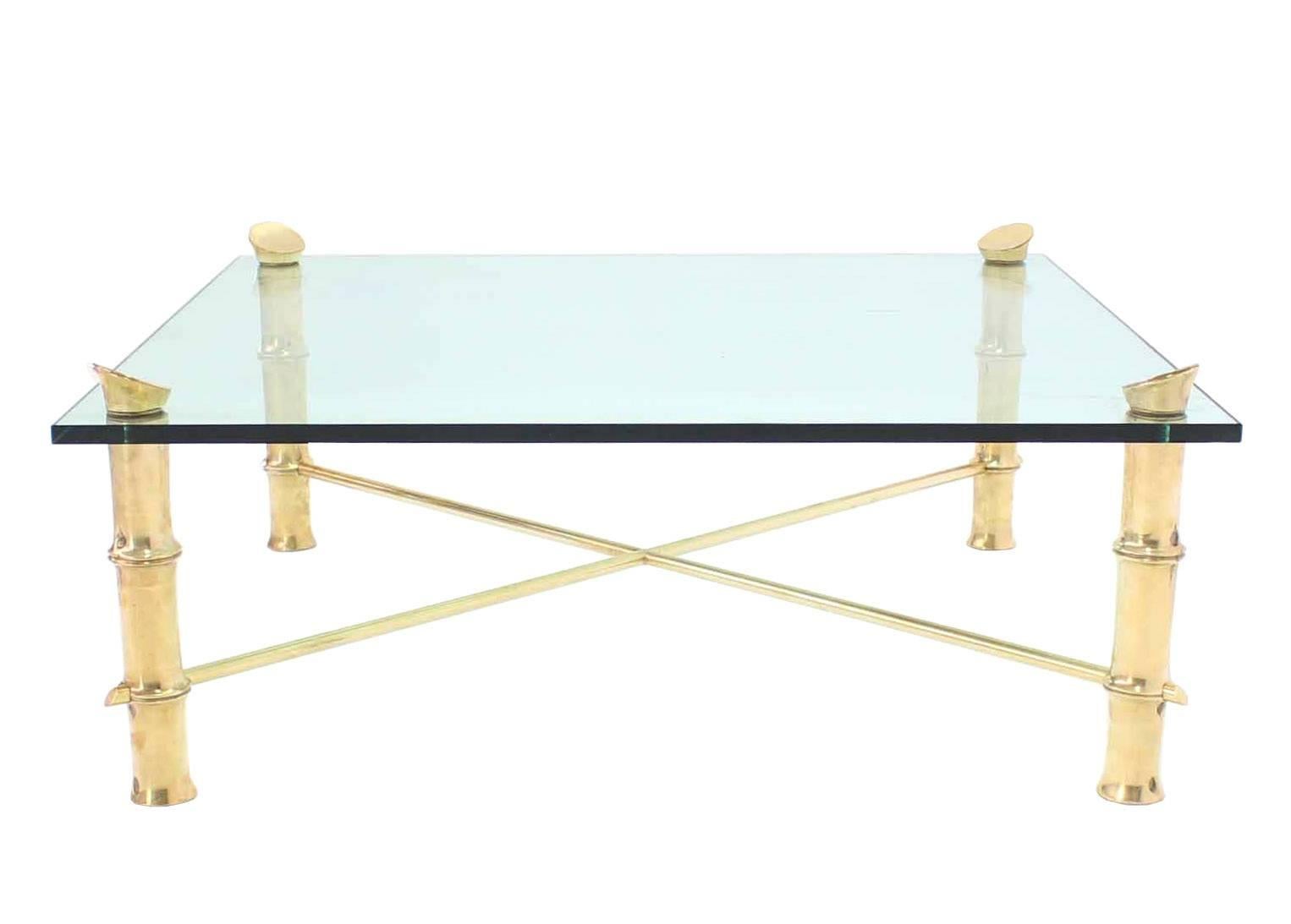 45x 45 Faux Bamboo Large Heavy Solid Cast Brass Legs Square Coffee Table For Sale 2