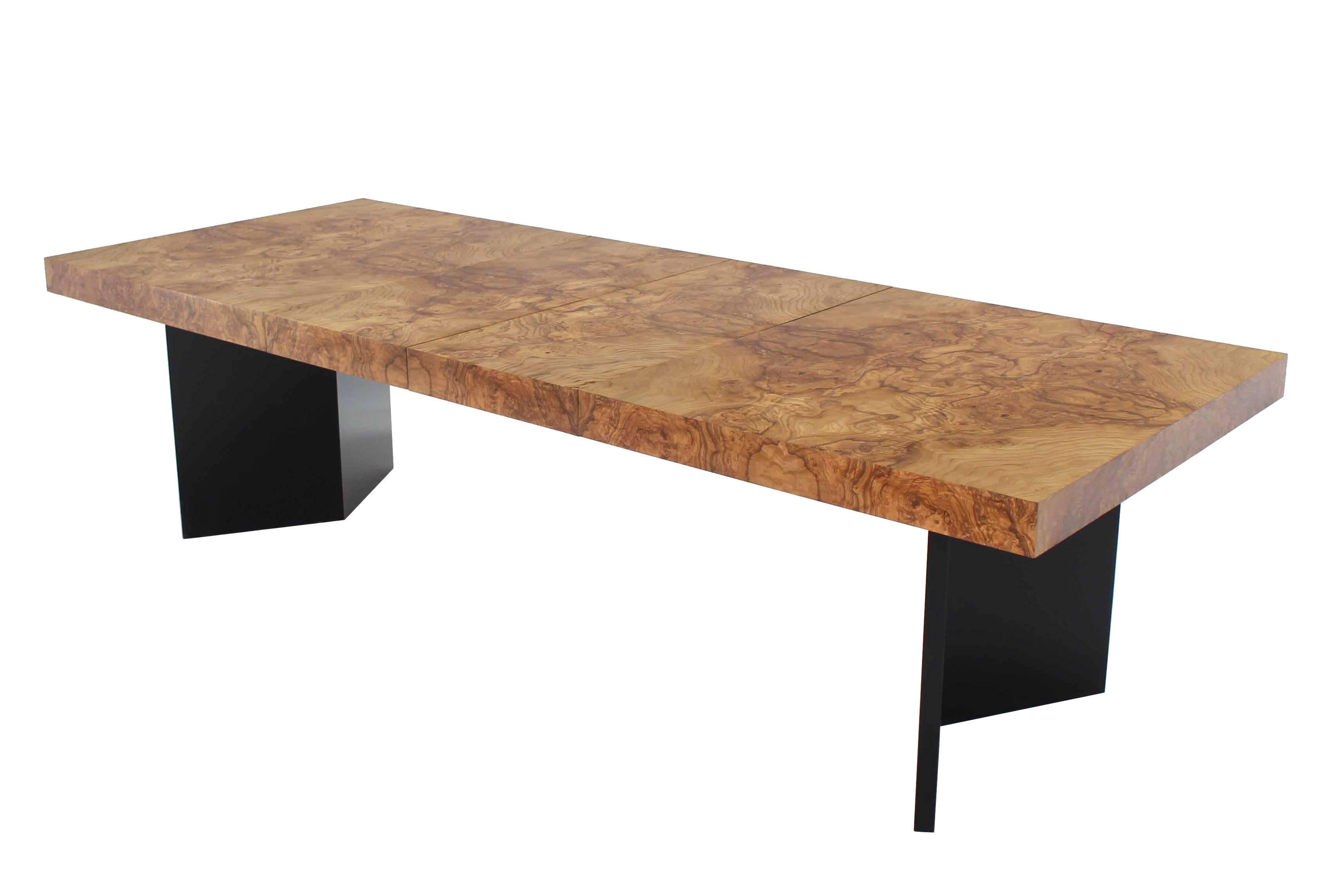 Lacquered Burl Wood Dining Table Black Lacquer Base Two Extension Leaves
