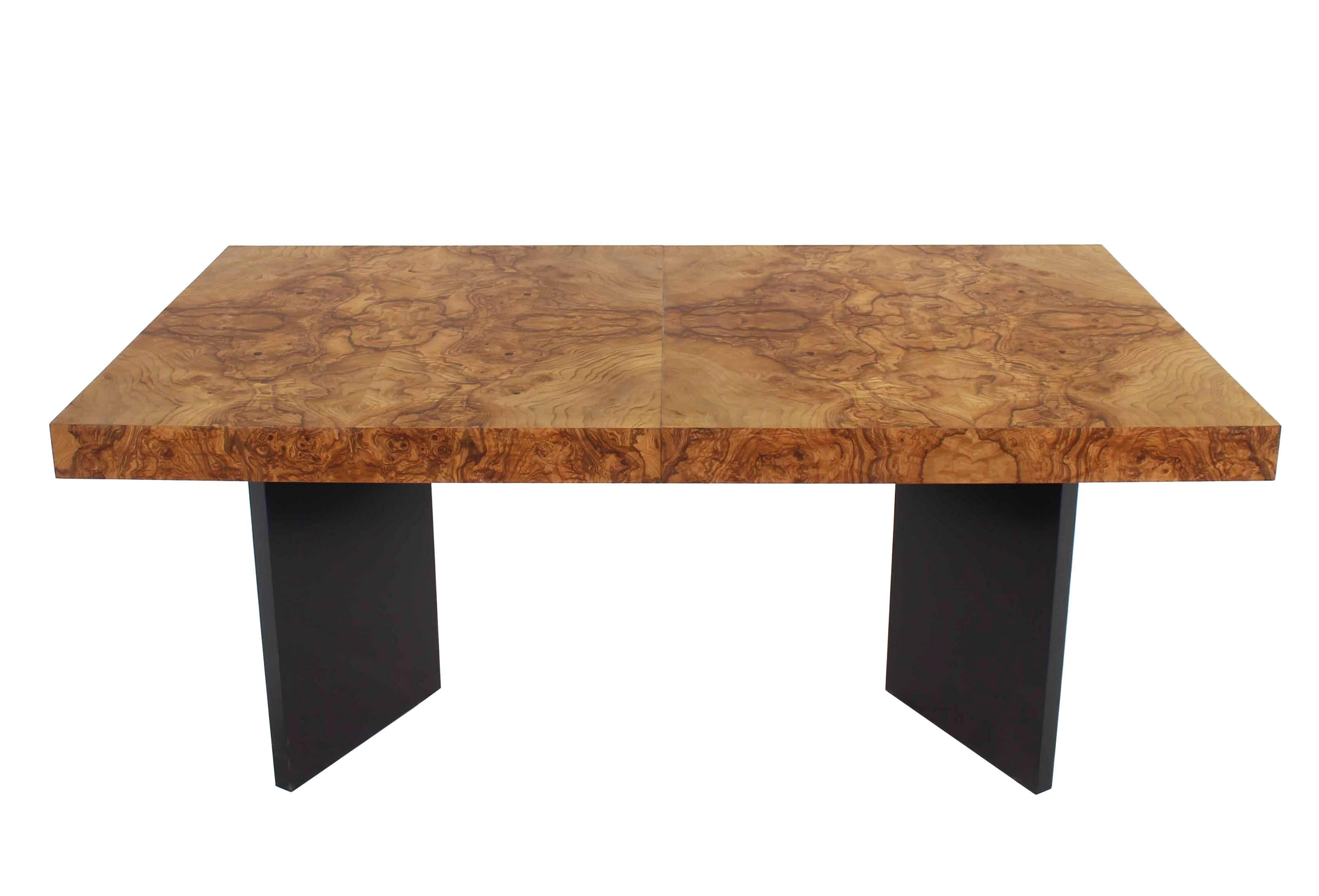Burl Wood Dining Table Black Lacquer Base Two Extension Leaves 2