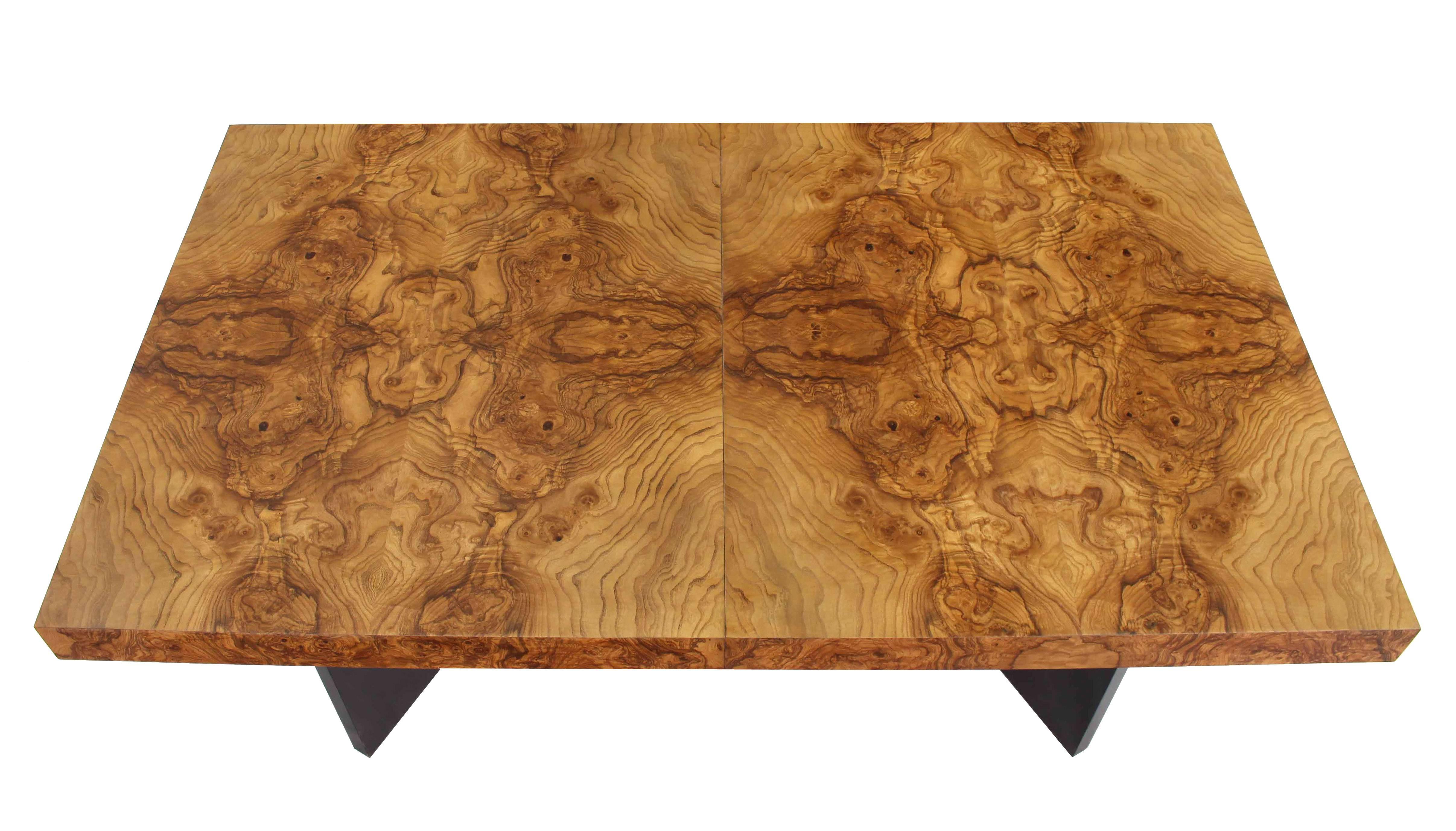Burl Wood Dining Table Black Lacquer Base Two Extension Leaves 3