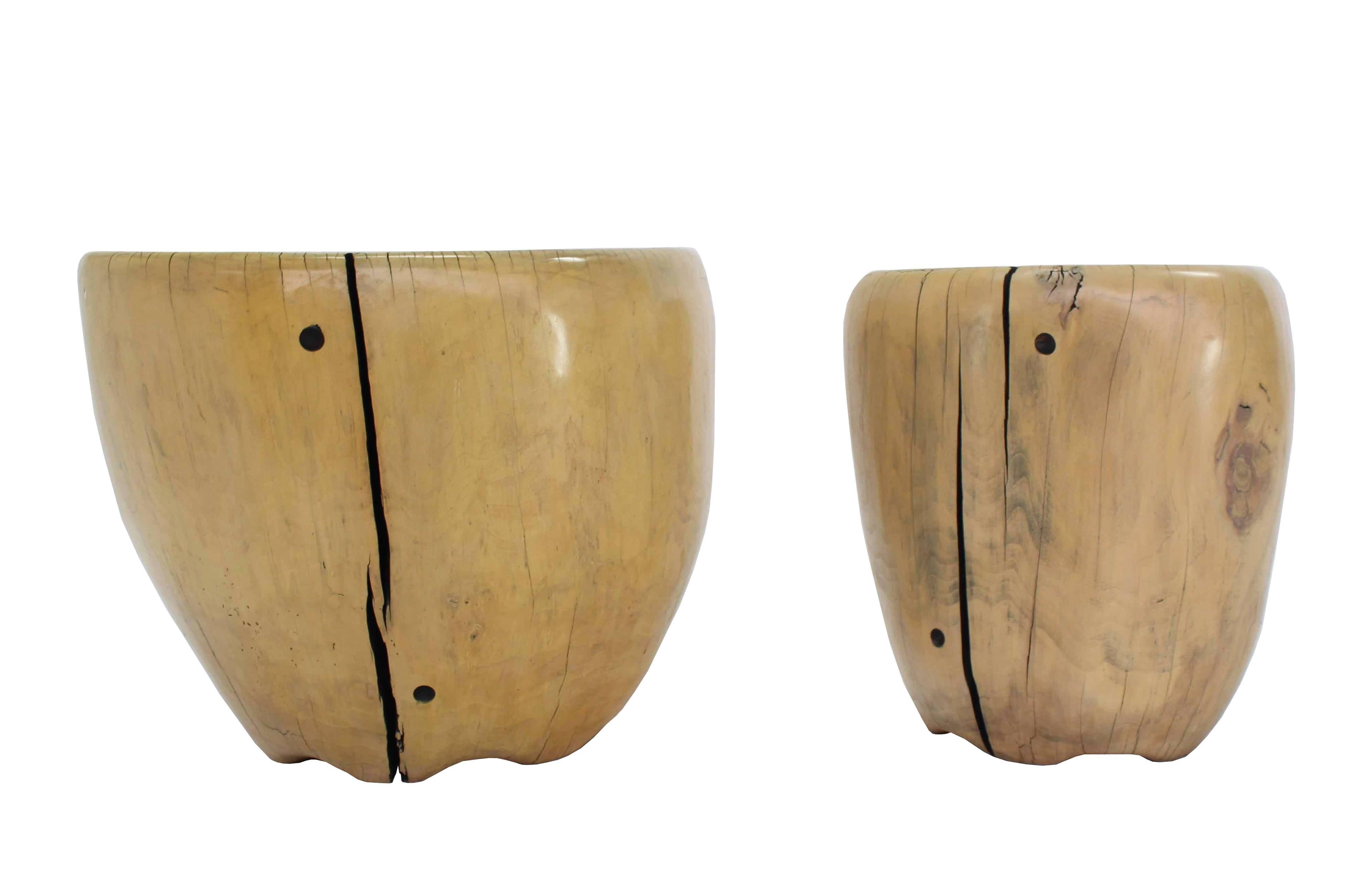 American Pair of Round Natural Specimen Wood Side Tables
