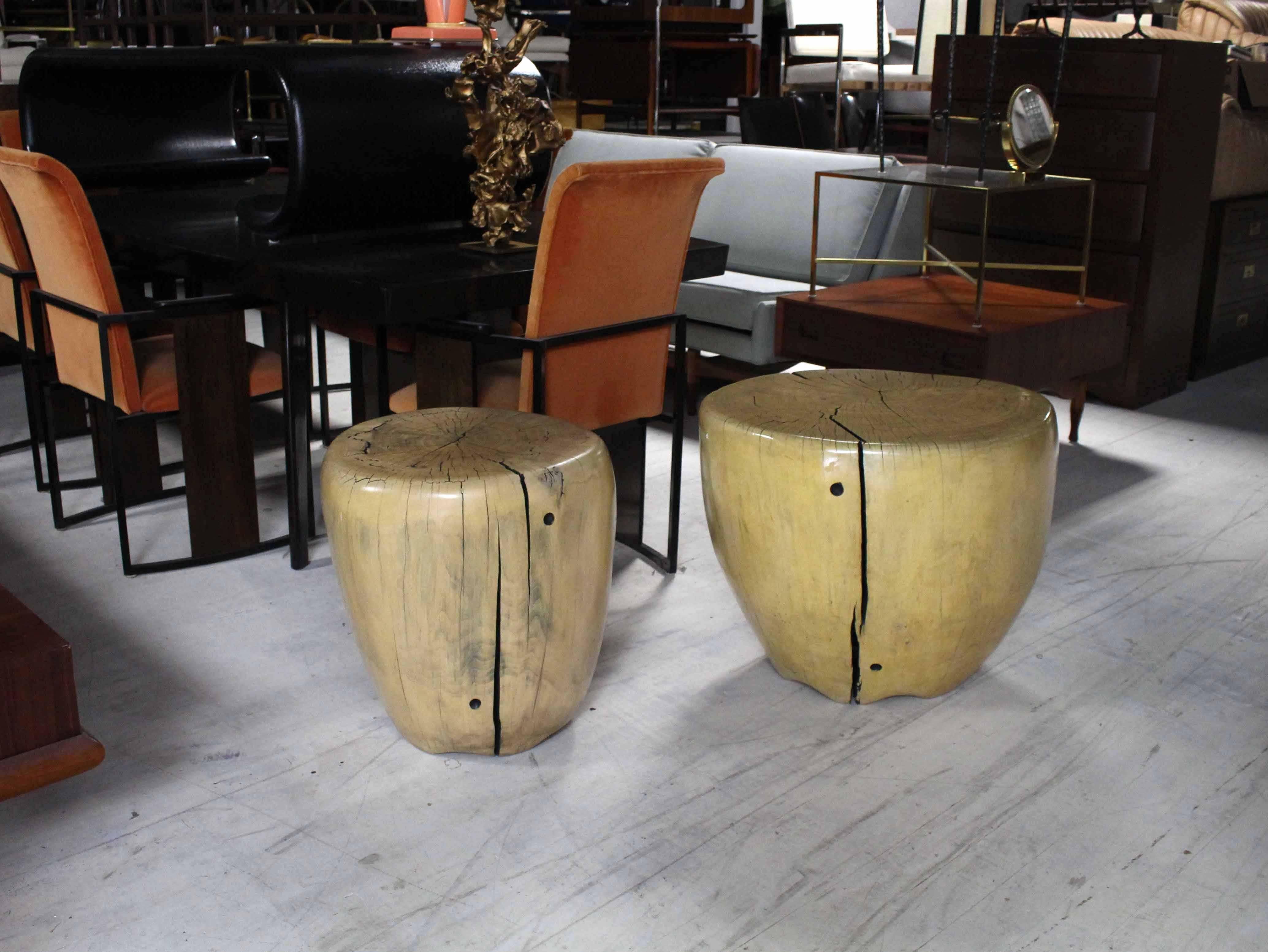 Mid-Century Modern Pair of Round Natural Specimen Wood Side Tables