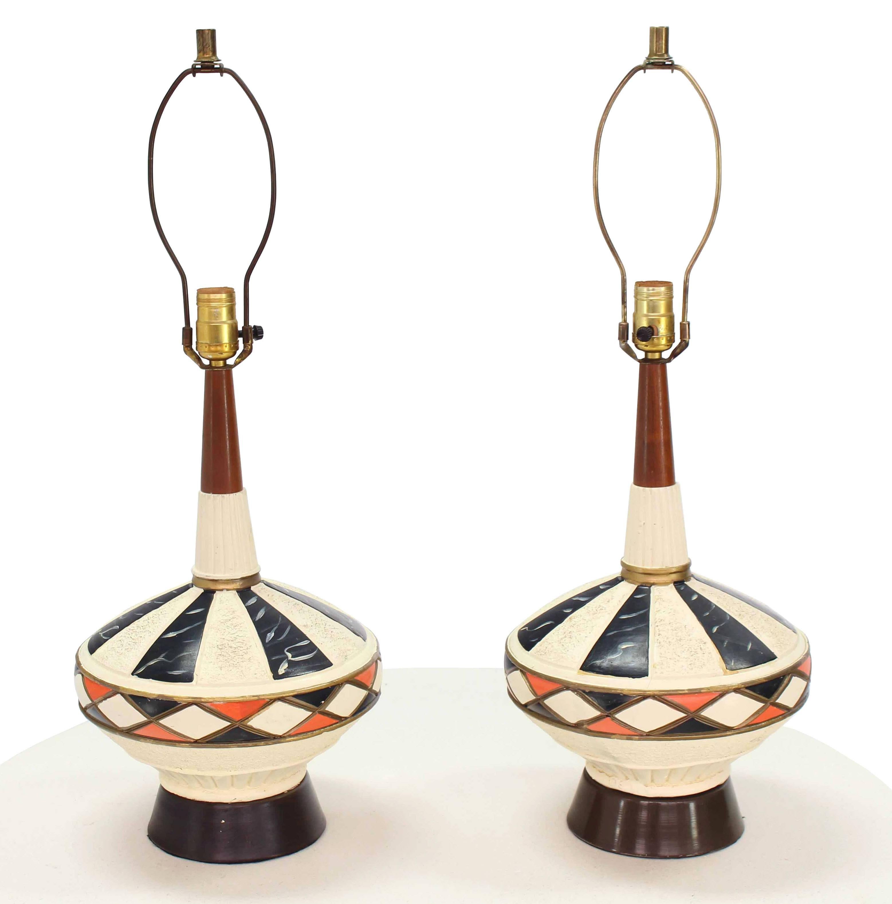 20th Century Pair of Walnut and Art Pottery Table Lamps