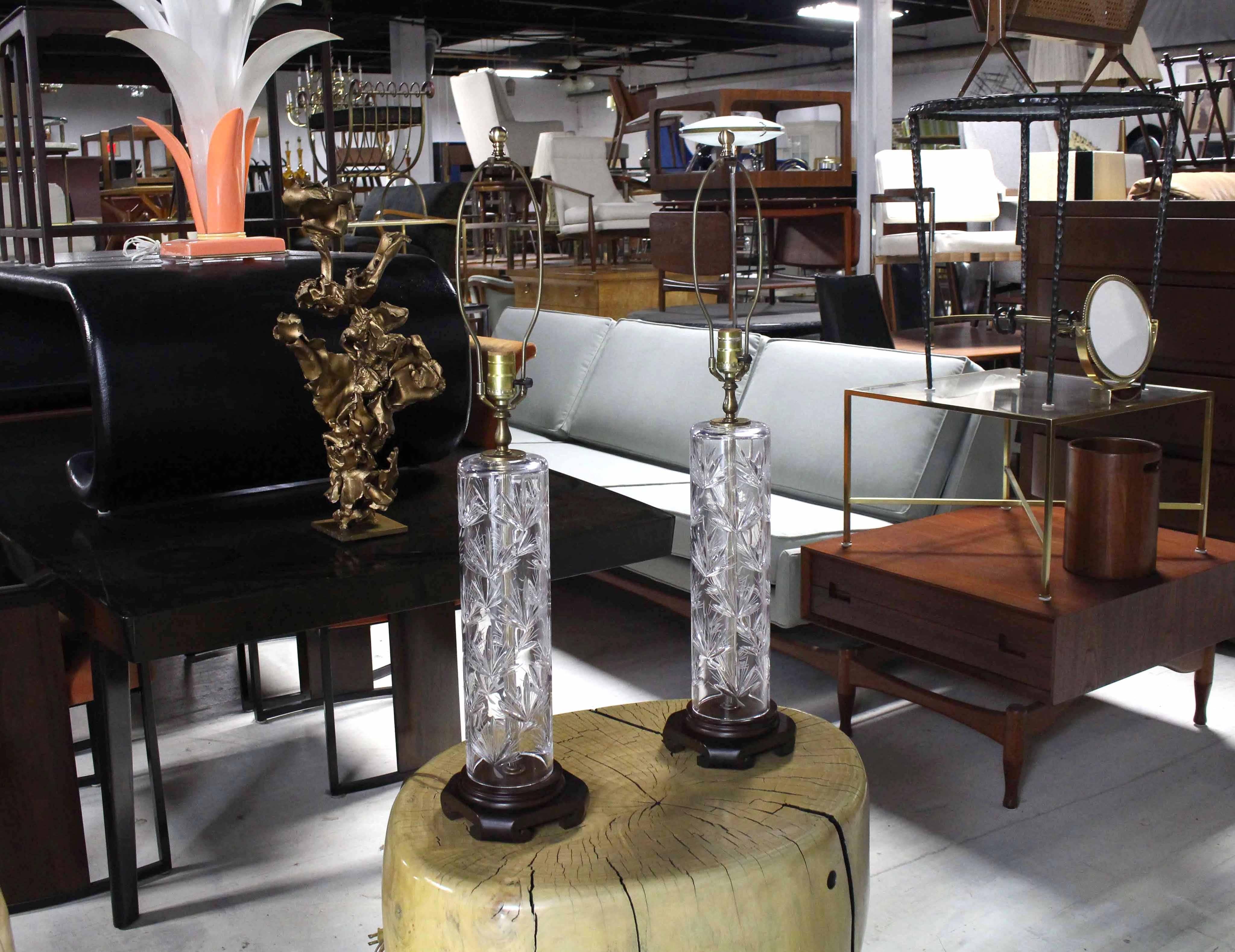 Pair of very nice shape tall cut crystal cylinder shape lamps.
