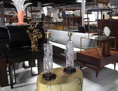 Pair of Tall Cut Crystal Cylinder Table Lamps