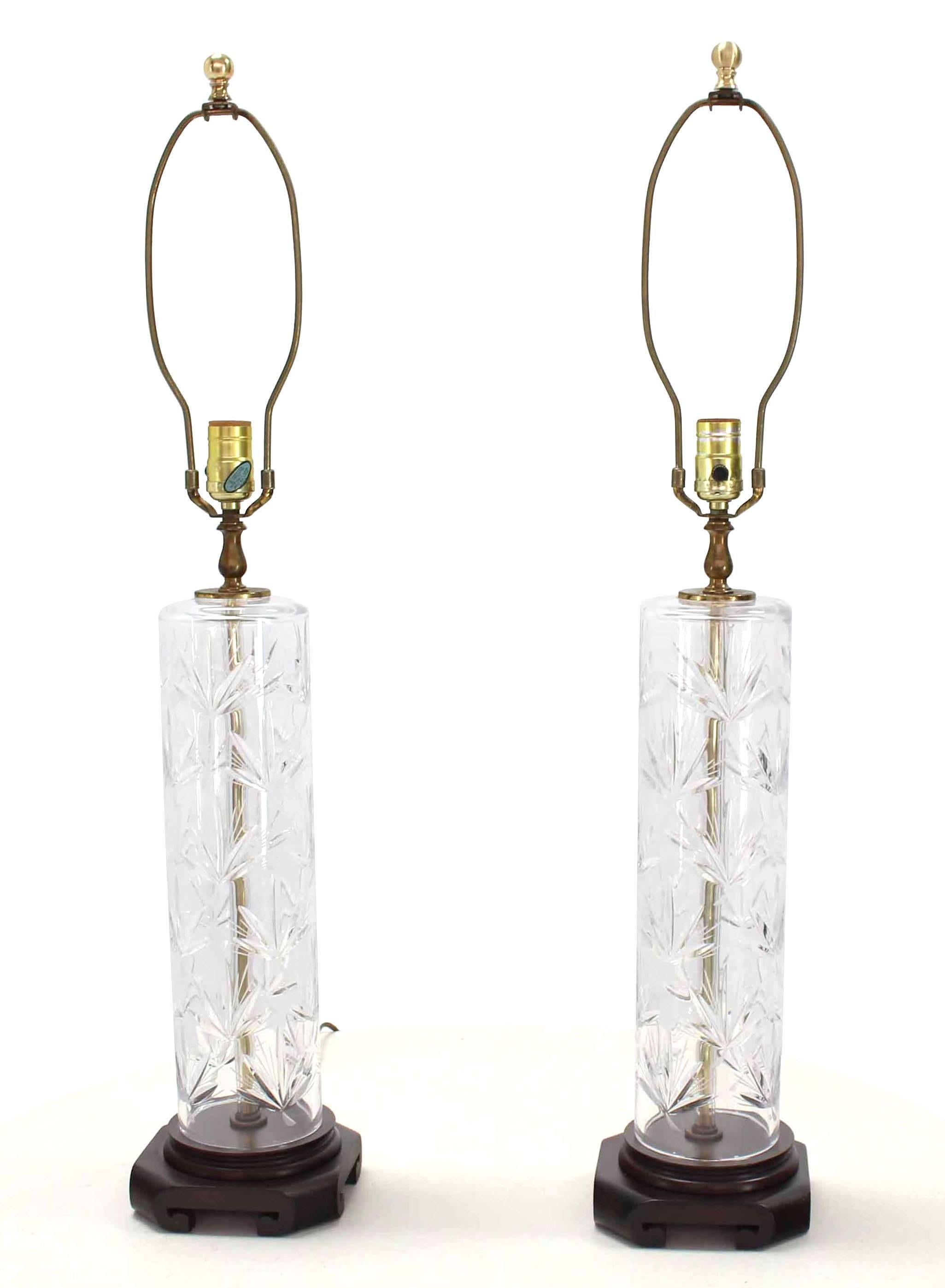 American Pair of Tall Cut Crystal Cylinder Table Lamps For Sale