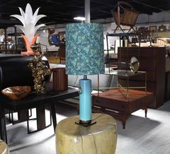 Blue Turquoise Glassed Pottery Brass Base Mid-Century Table Lamp