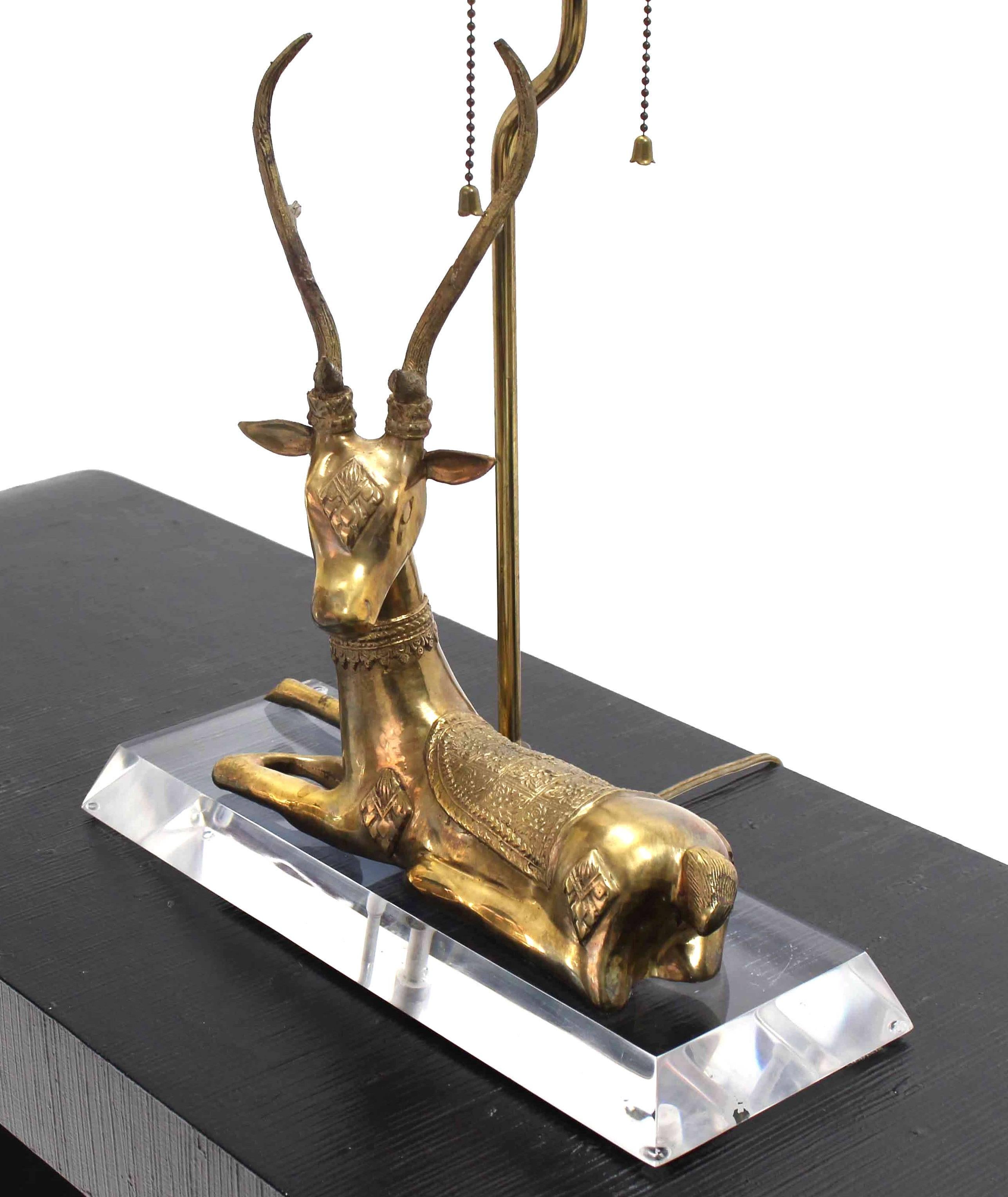 Mid-Century Modern Brass Deer Sculpture Table Lamp on Lucite Base