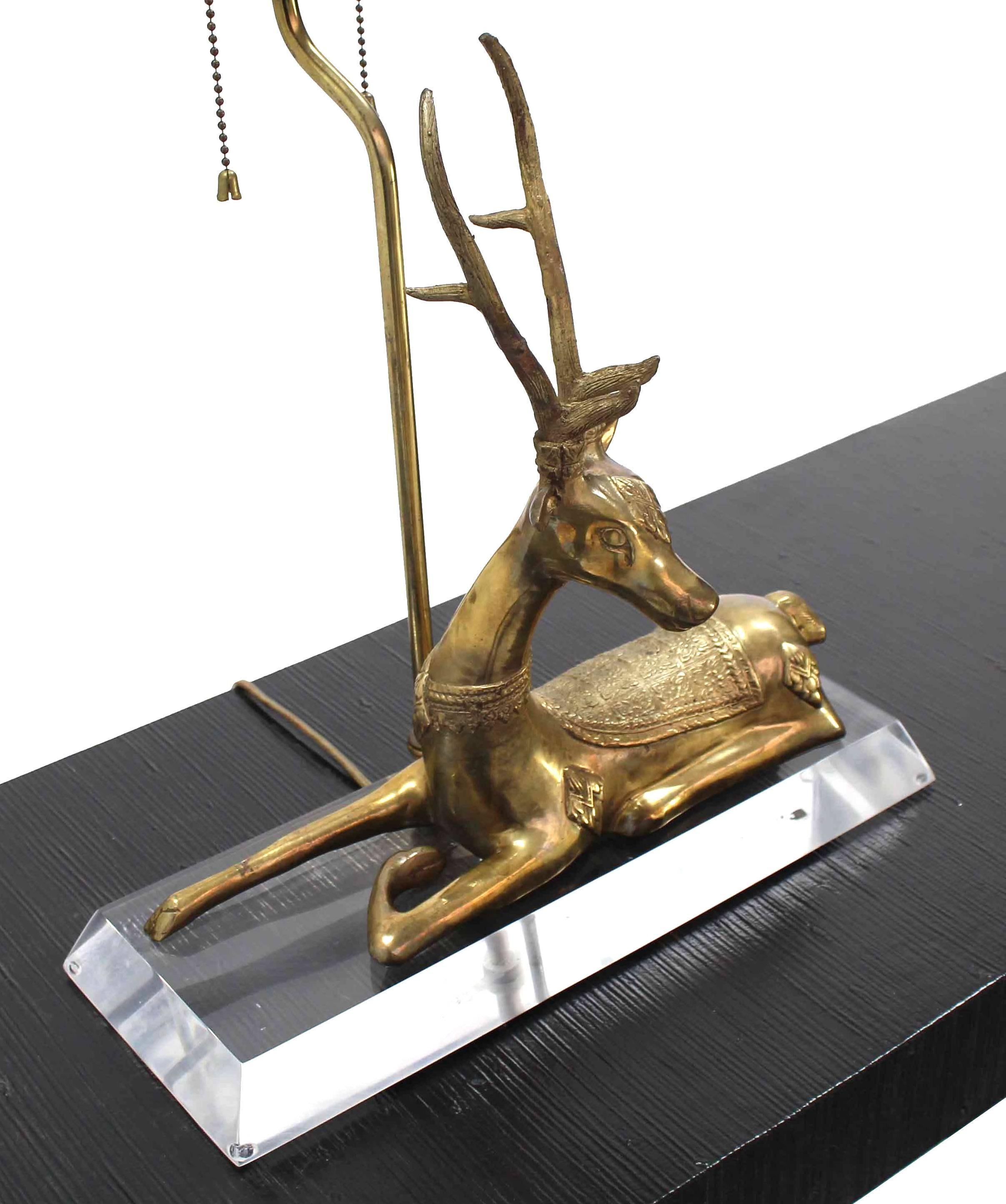 American Brass Deer Sculpture Table Lamp on Lucite Base