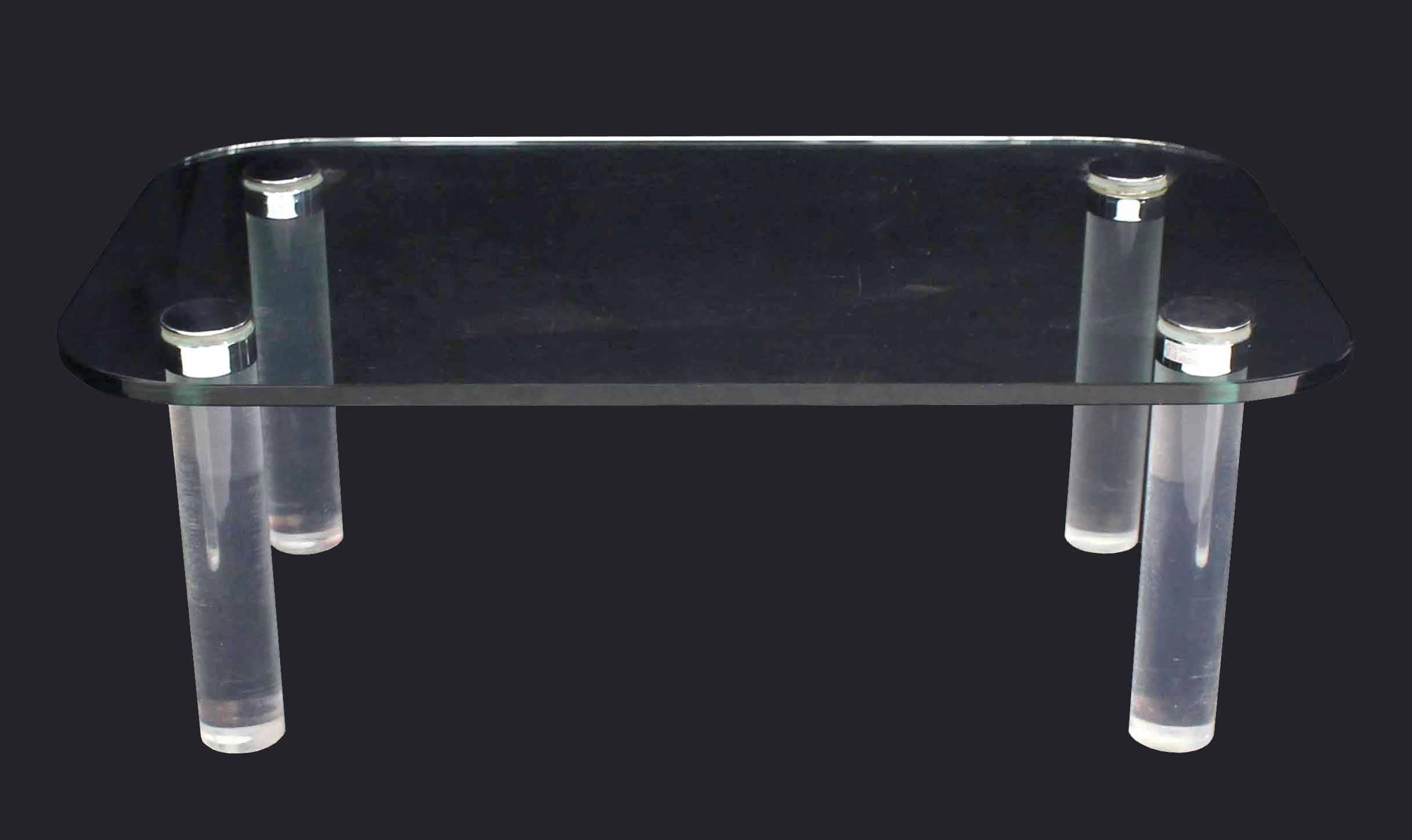 Mid-Century Modern Rectangular Glass Top Lucite Cilinder Legs Coffee Table