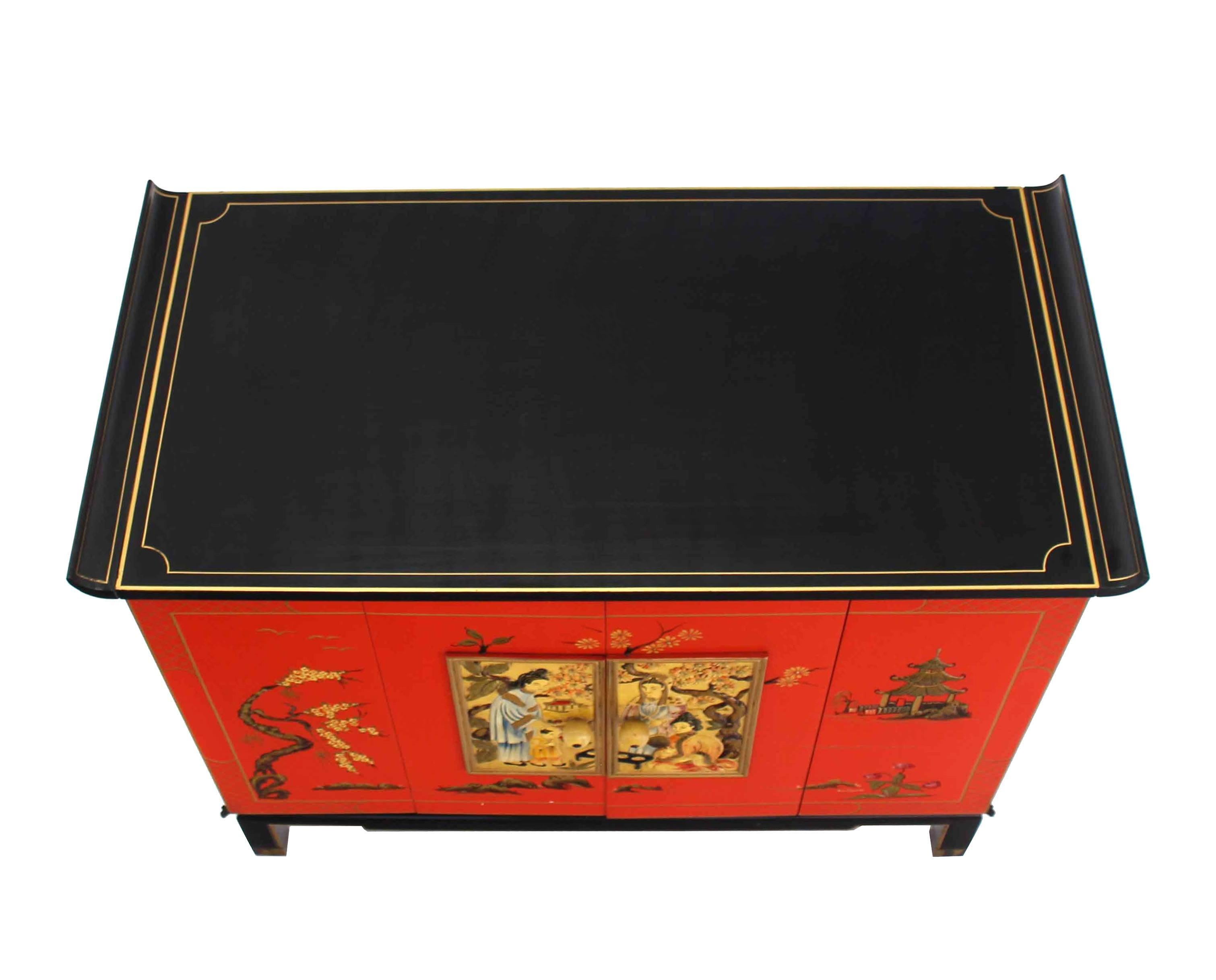 American Black Red Lacquer Two Tone Cabinet Bachelor Chest Rolled Edge bracket Feet For Sale