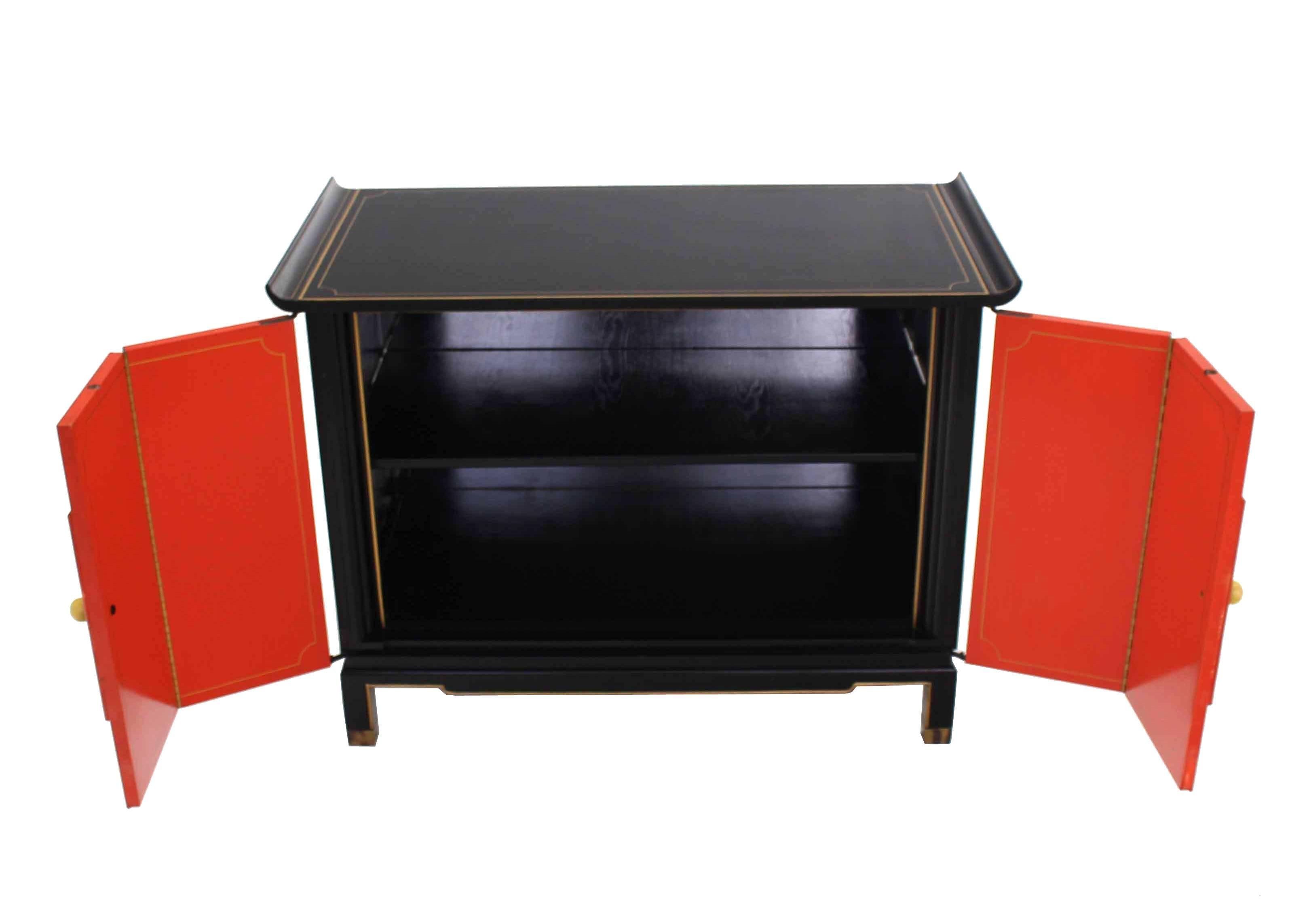 20th Century Black Red Lacquer Two Tone Cabinet Bachelor Chest Rolled Edge bracket Feet For Sale