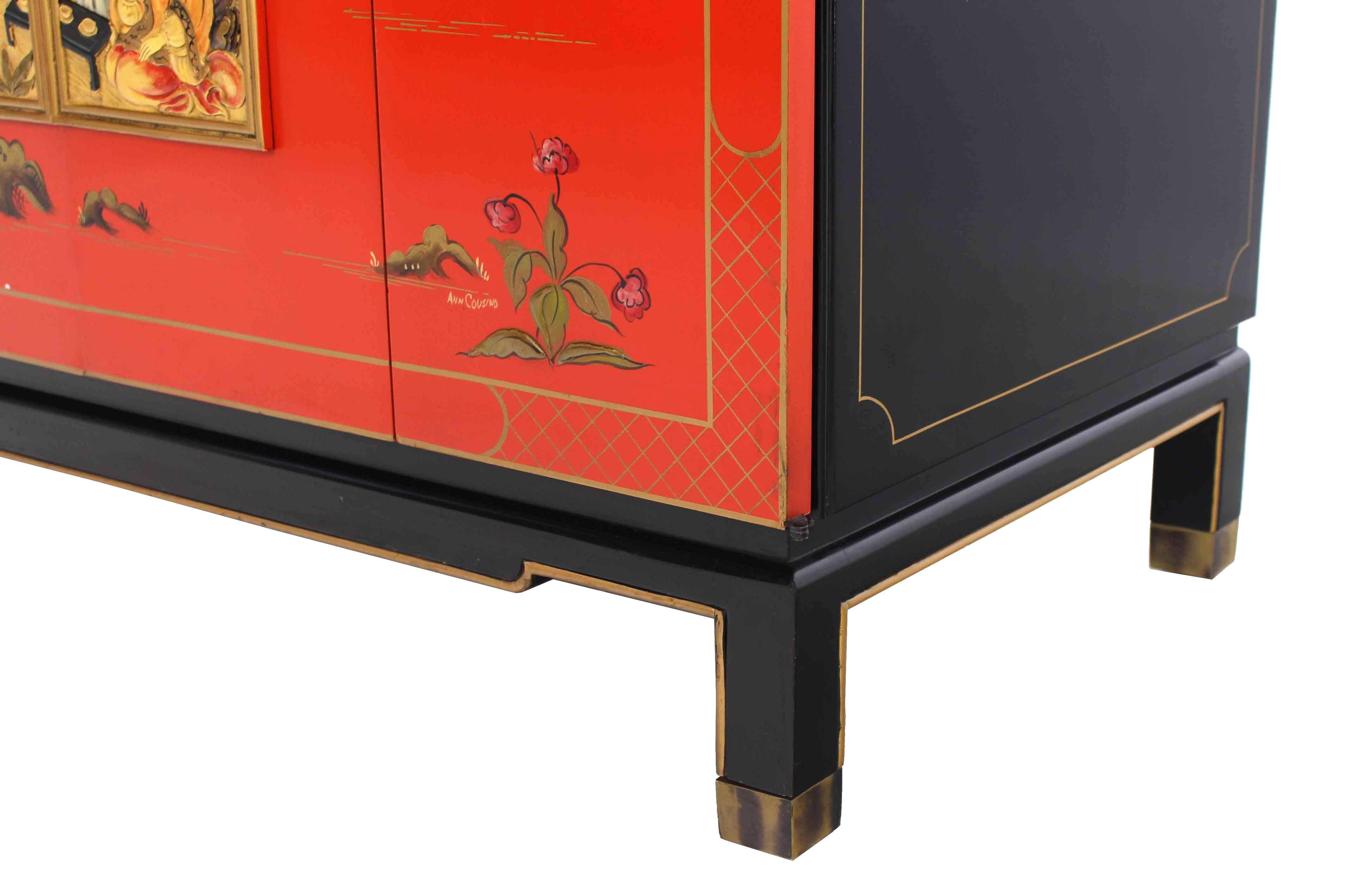 Hardwood Black Red Lacquer Two Tone Cabinet Bachelor Chest Rolled Edge bracket Feet For Sale