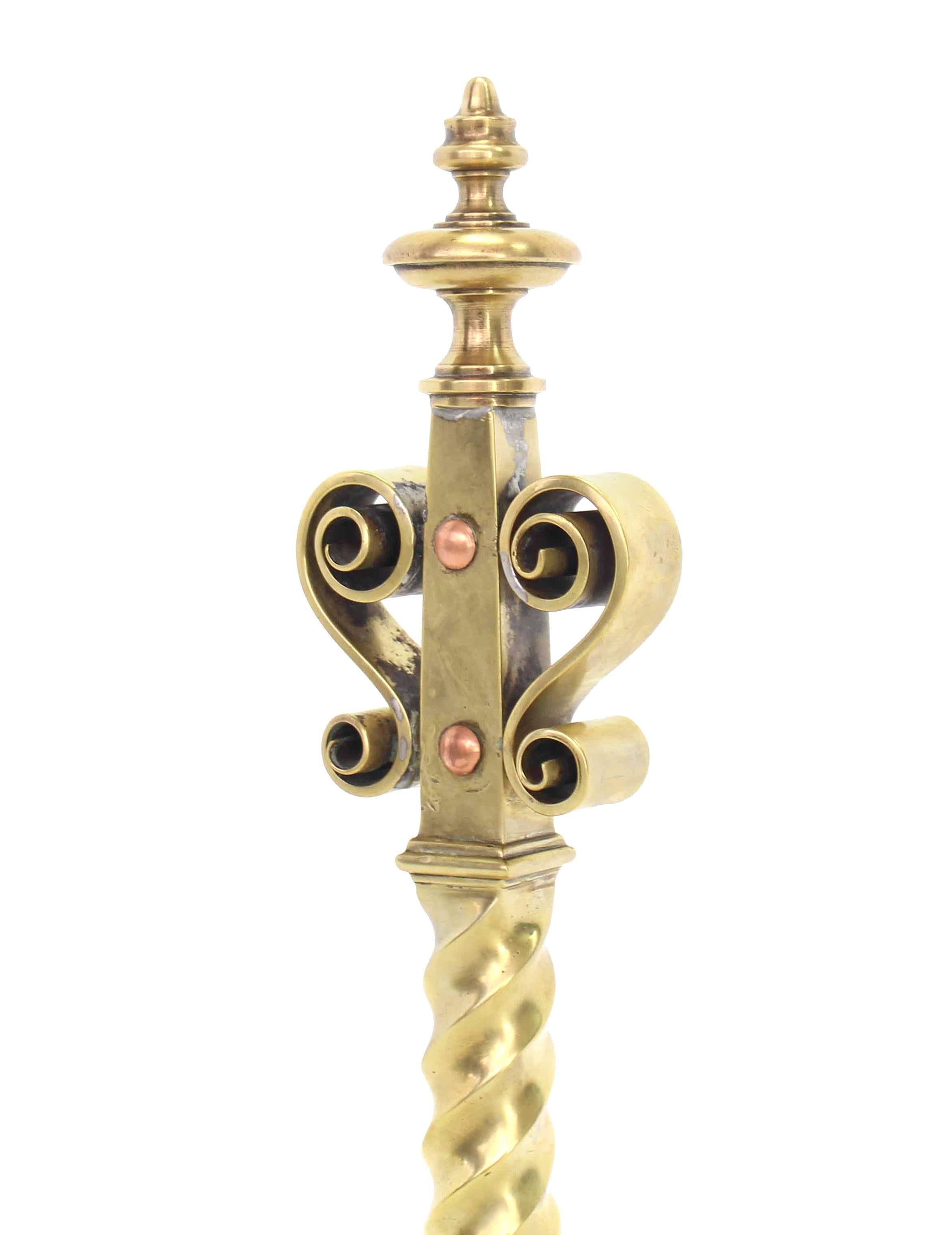 Mid-Century Modern Pair of Heavy Brass or Bronze Andirons For Sale