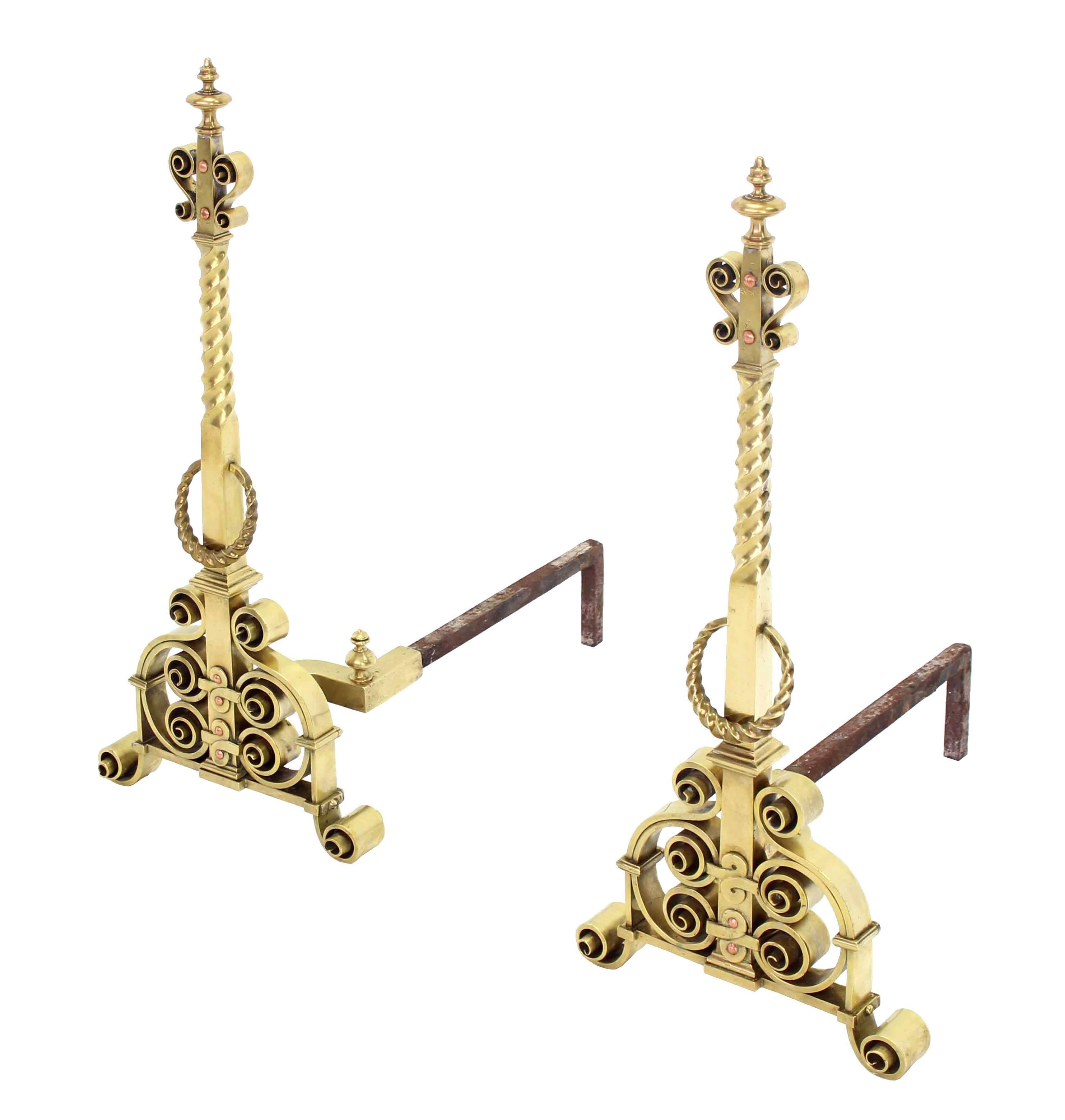 American Pair of Heavy Brass or Bronze Andirons For Sale