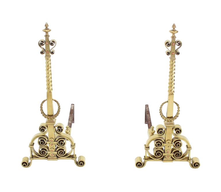 Pair of Heavy Brass or Bronze Andirons For Sale at 1stDibs
