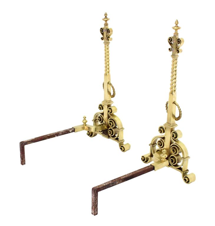 Pair of Heavy Brass or Bronze Andirons For Sale at 1stDibs