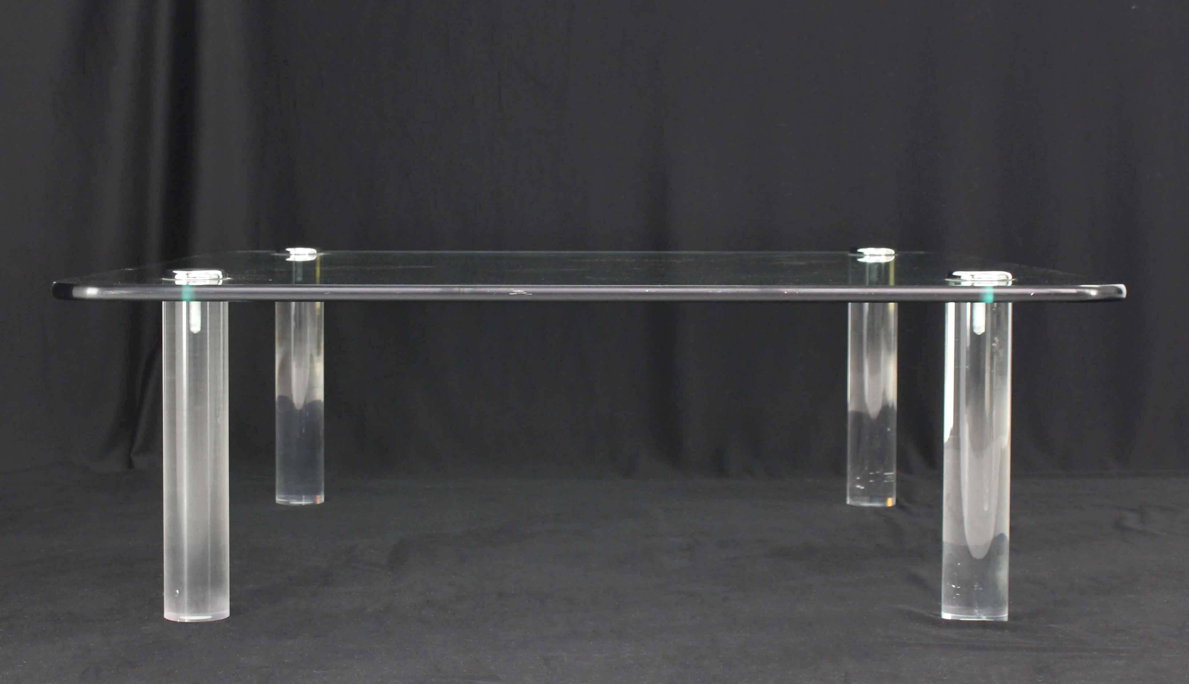Mid-Century Modern Large Square Rounded Corners Glass Top Coffee Table on Cylinder Lucite Legs 3/4 