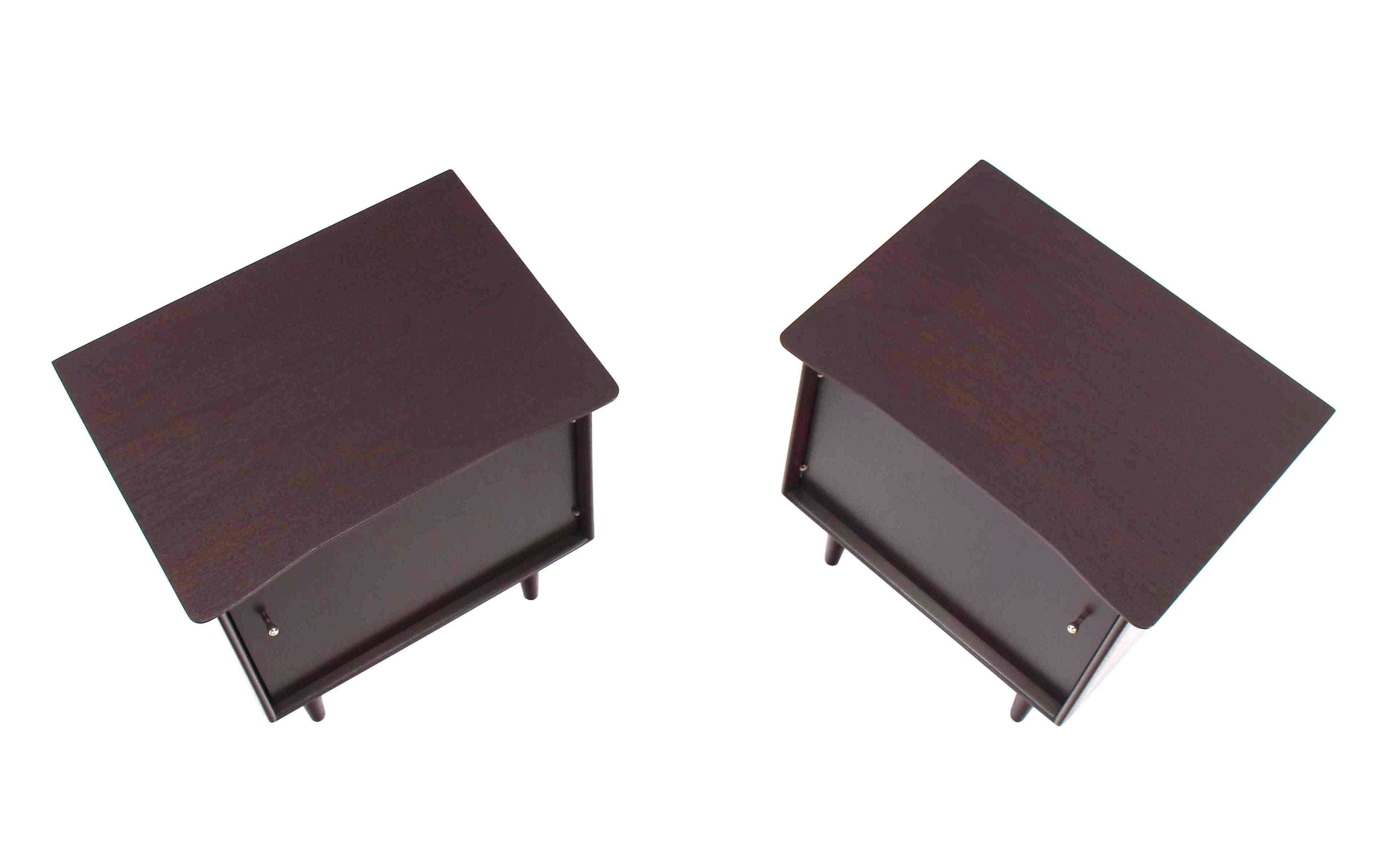 Pair of Mid-Century Modern end tables or nightstands. Dark chocolate near ebony low gloss finish.