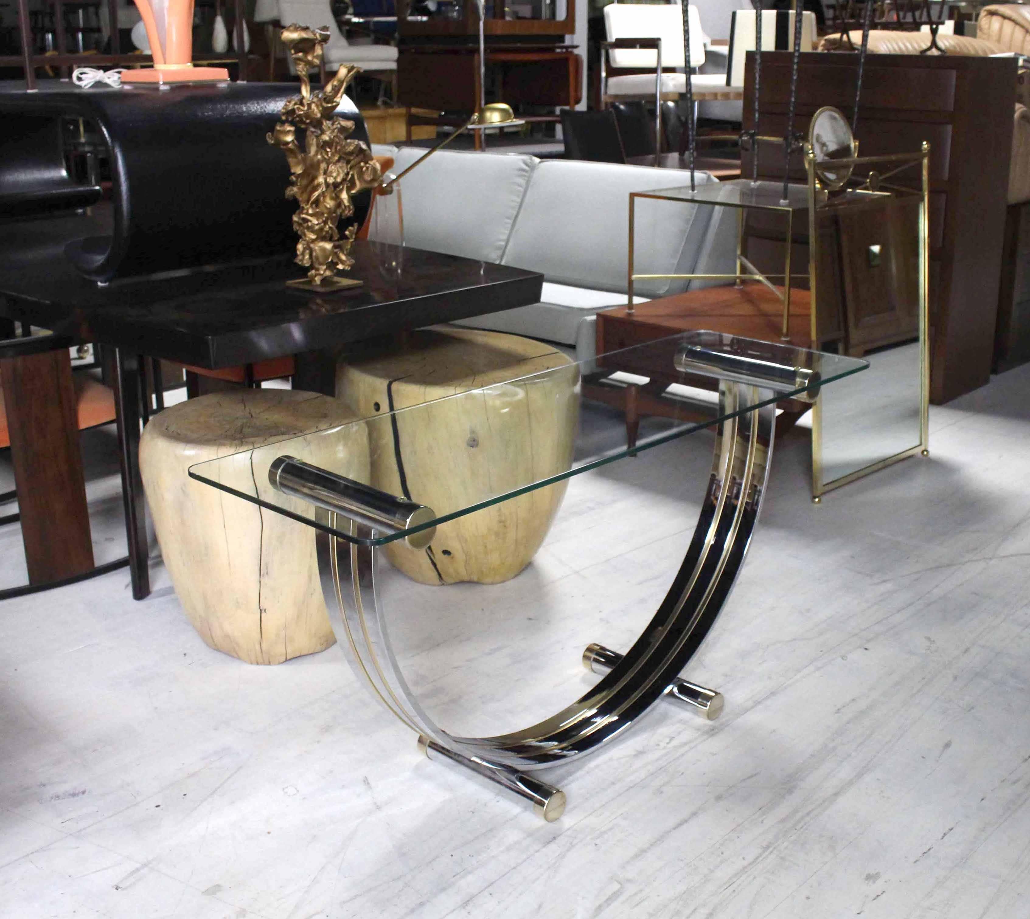 20th Century U Shape Brass and Chrome Glass Console Table For Sale