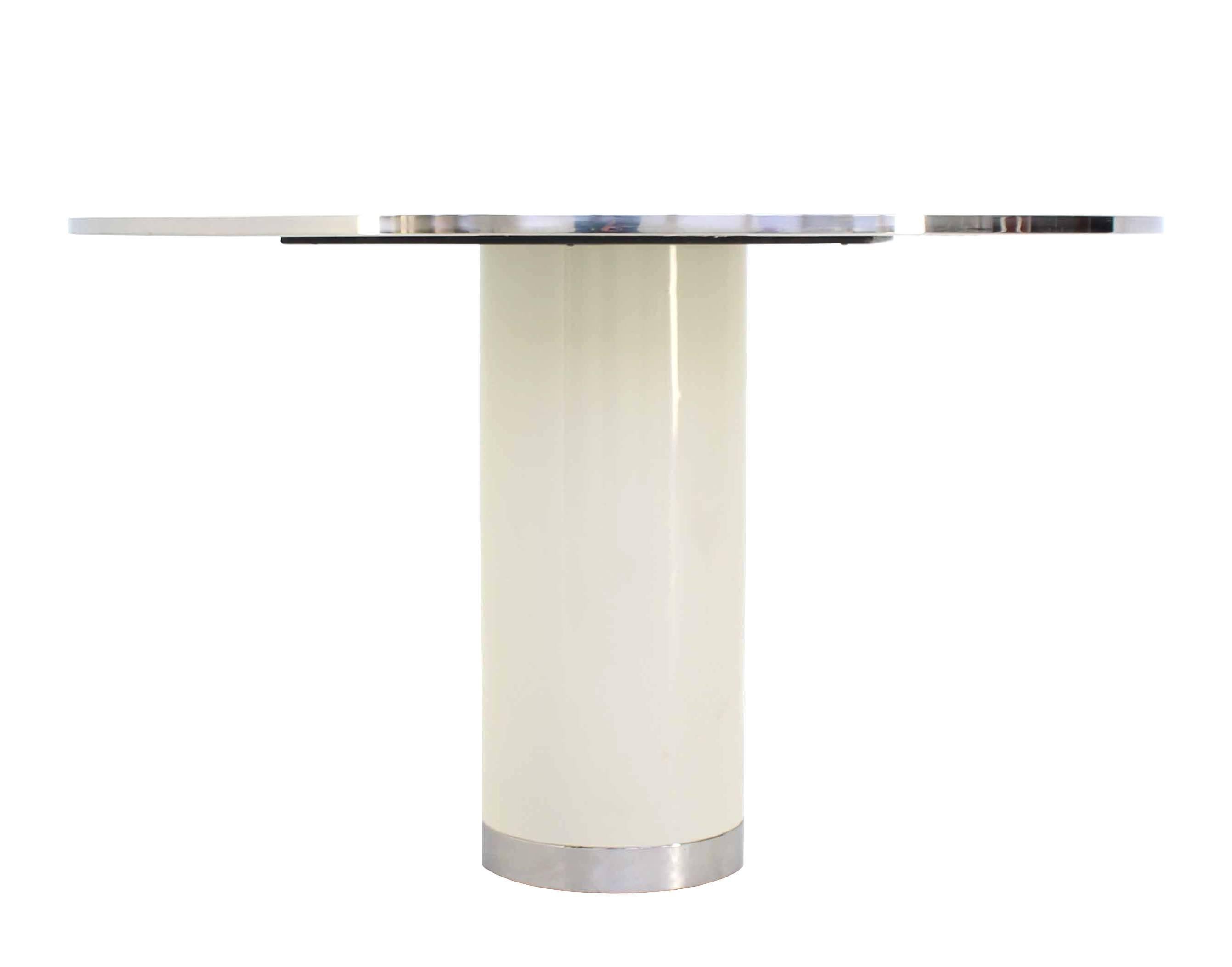 Heavy enamel finish mid century Modern heavy beautifully enameled steel with chrome banding single pedestal round center or gueridon small conference table. 