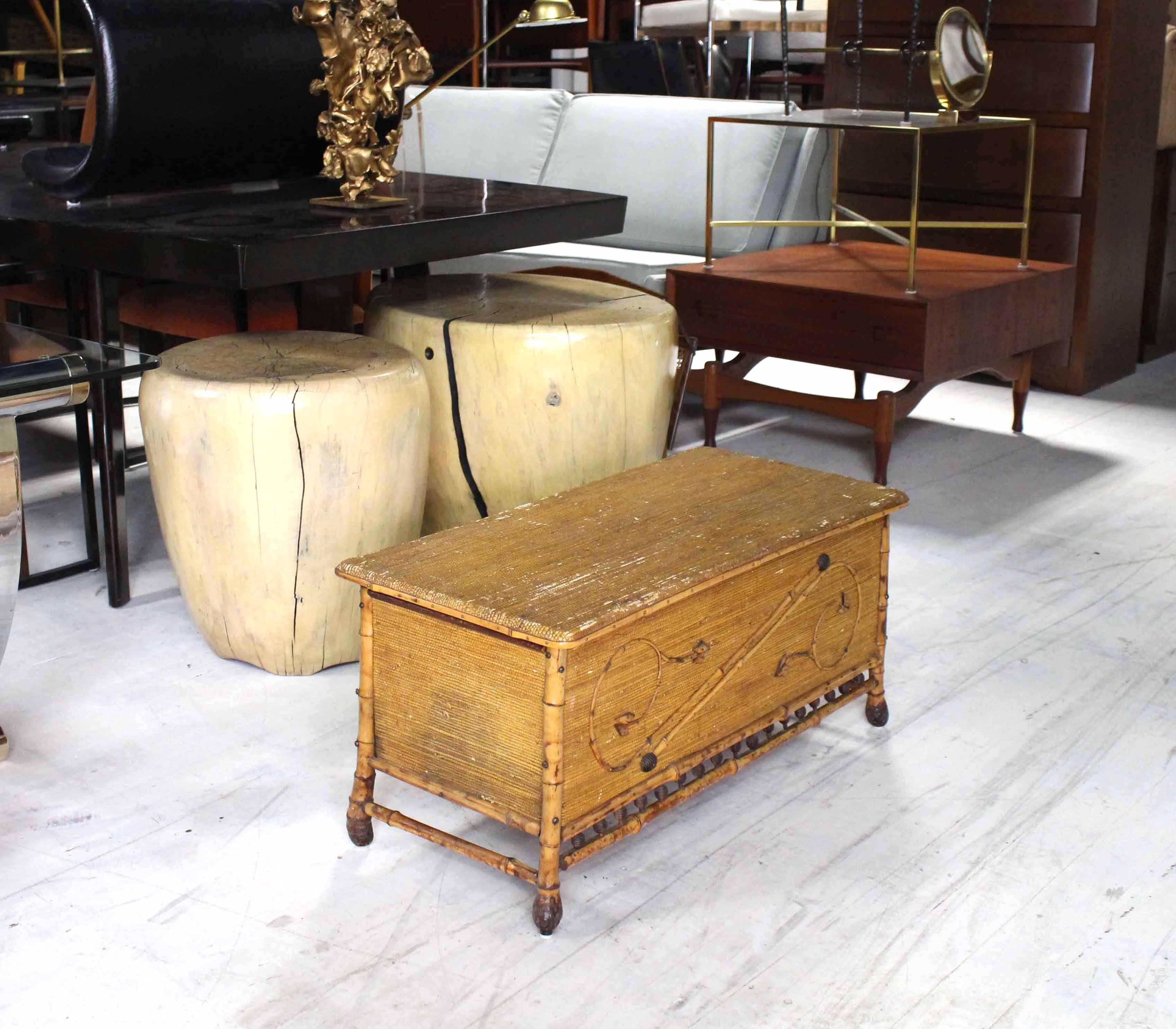 Very nice burnt bamboo decorated hope chest trunk covered with grass cloth.