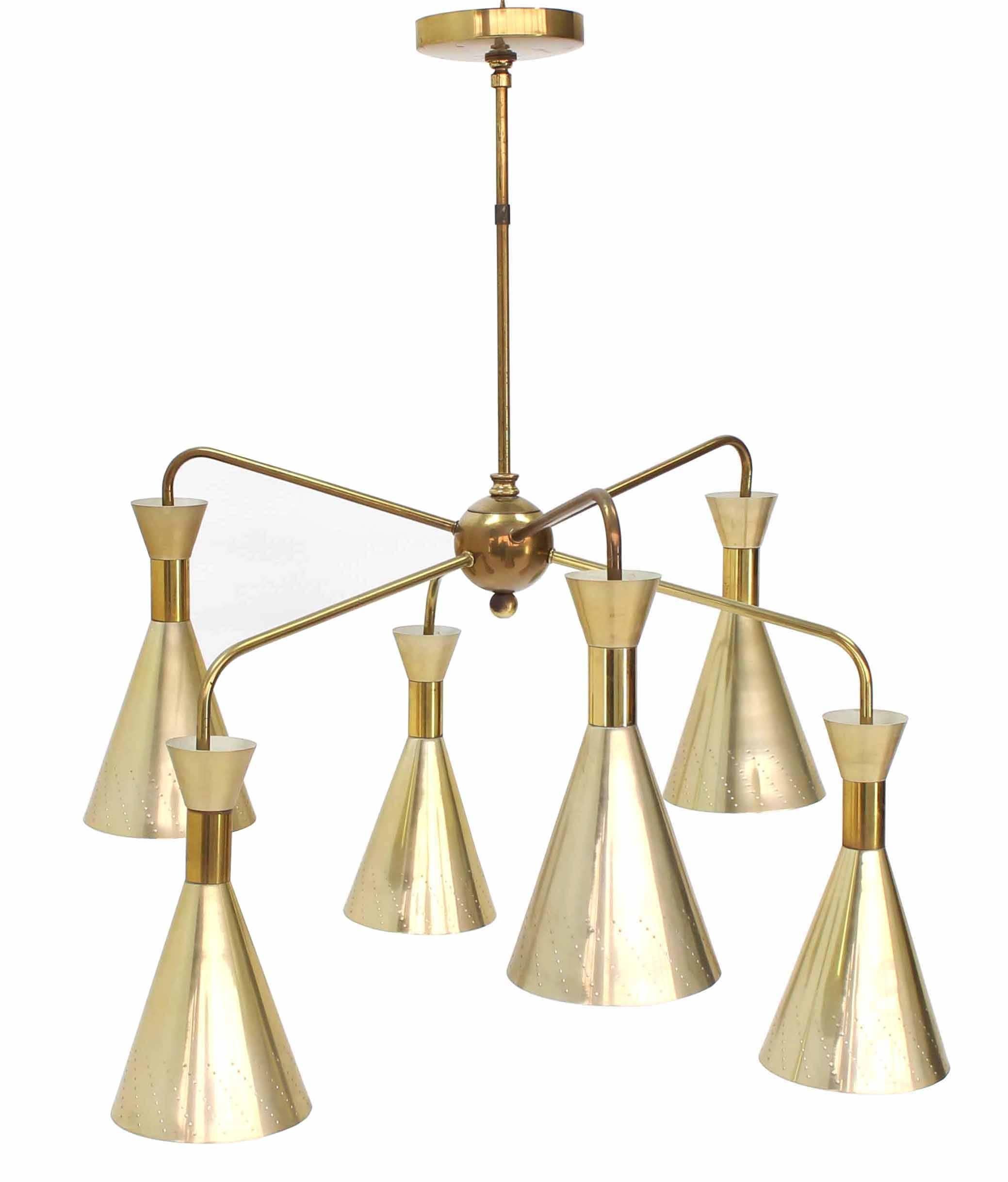 Very nice brass cone shades six arms Mid-Century Modern light fixture chandelier.