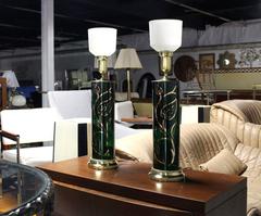 Pair of Emerald Green Gold Decorated Cylinder Shape Table Lamps