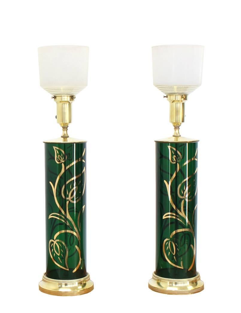 Mid-Century Modern Pair of Emerald Green Gold Decorated Cylinder Shape Table Lamps For Sale