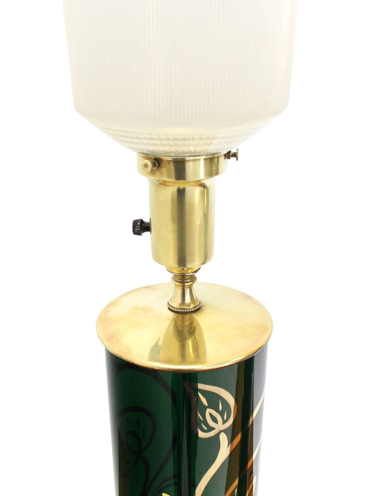 American Pair of Emerald Green Gold Decorated Cylinder Shape Table Lamps For Sale