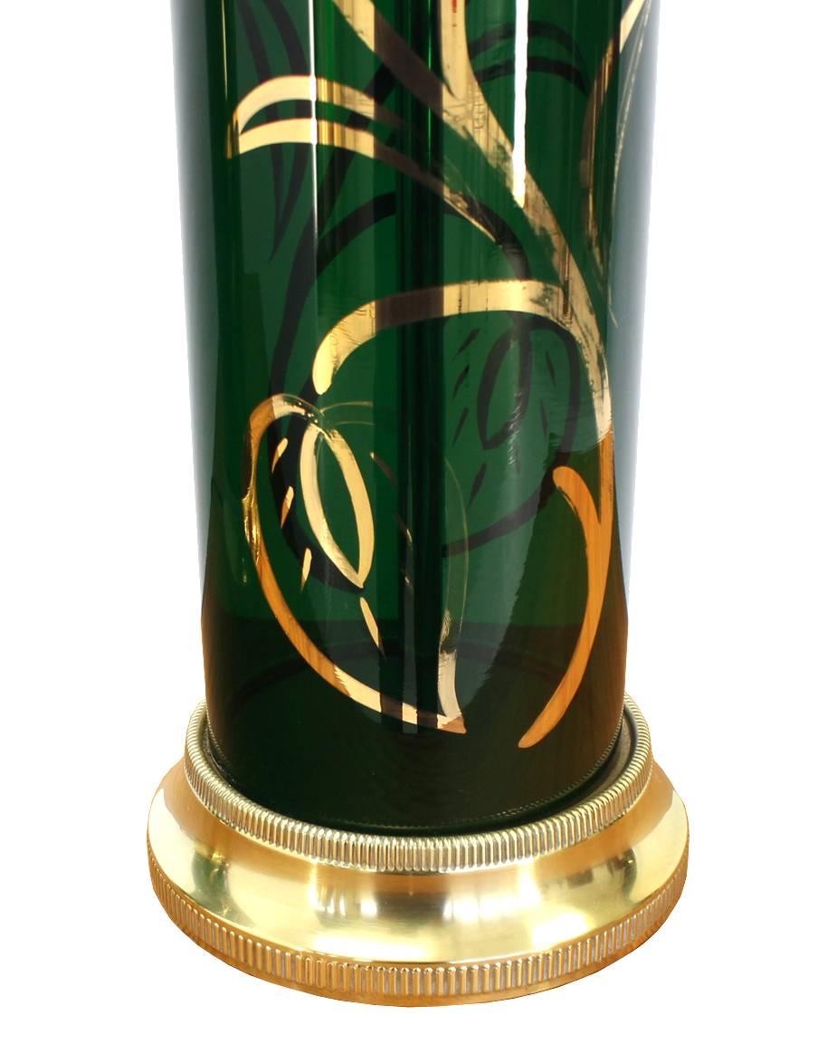 Pair of Emerald Green Gold Decorated Cylinder Shape Table Lamps In Excellent Condition For Sale In Rockaway, NJ