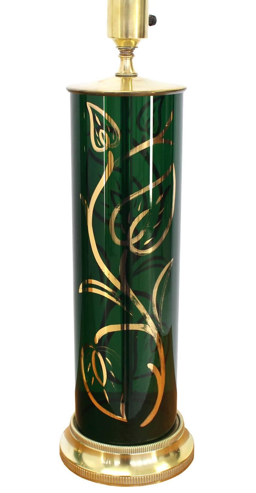 Paire de lampes de bureau en forme de cylindre décorées d'or vert émeraude en vente 1