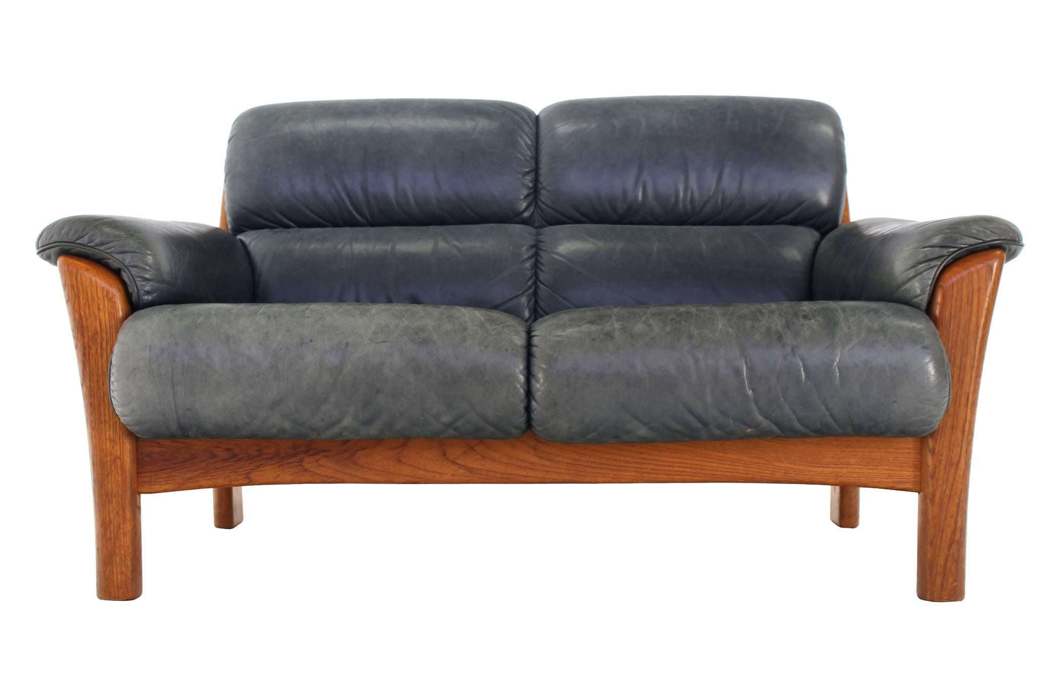 Leather and Solid Teak Mid Century Modern Danish Loveseat 1