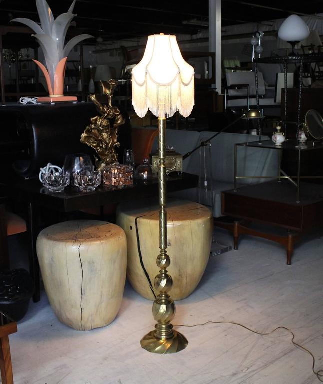 Vintage Brass Floor Lamp with Decorative Glass Beads Shade For Sale at