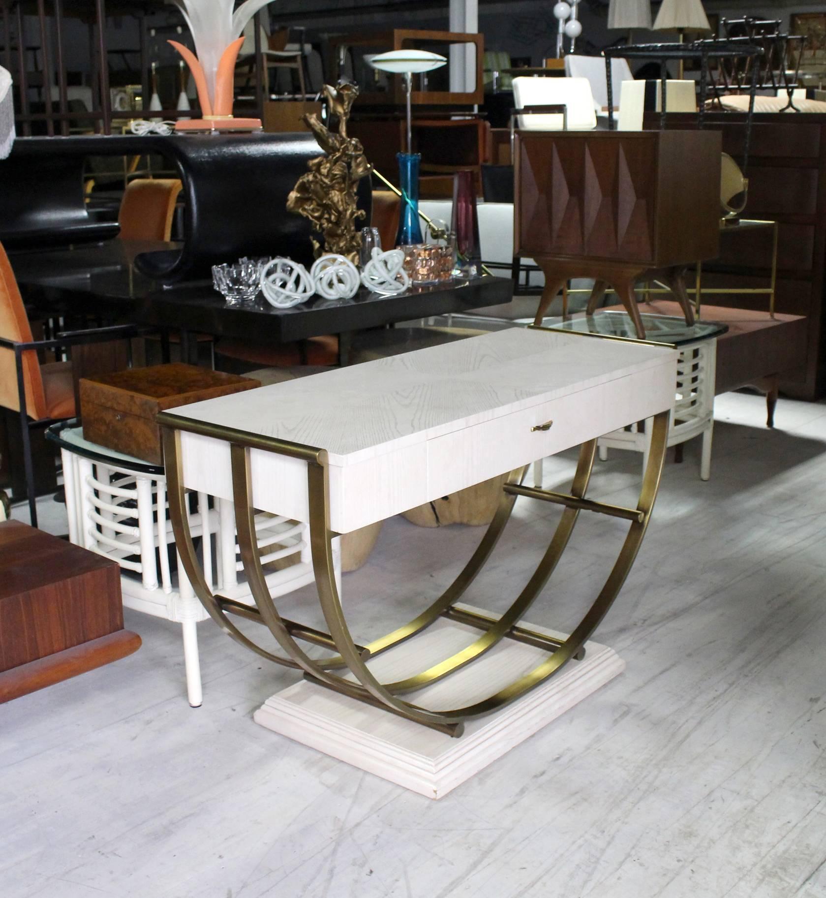 Very nice Mid Century Modern brass u-shape base white oak finish sofa or console table.
 