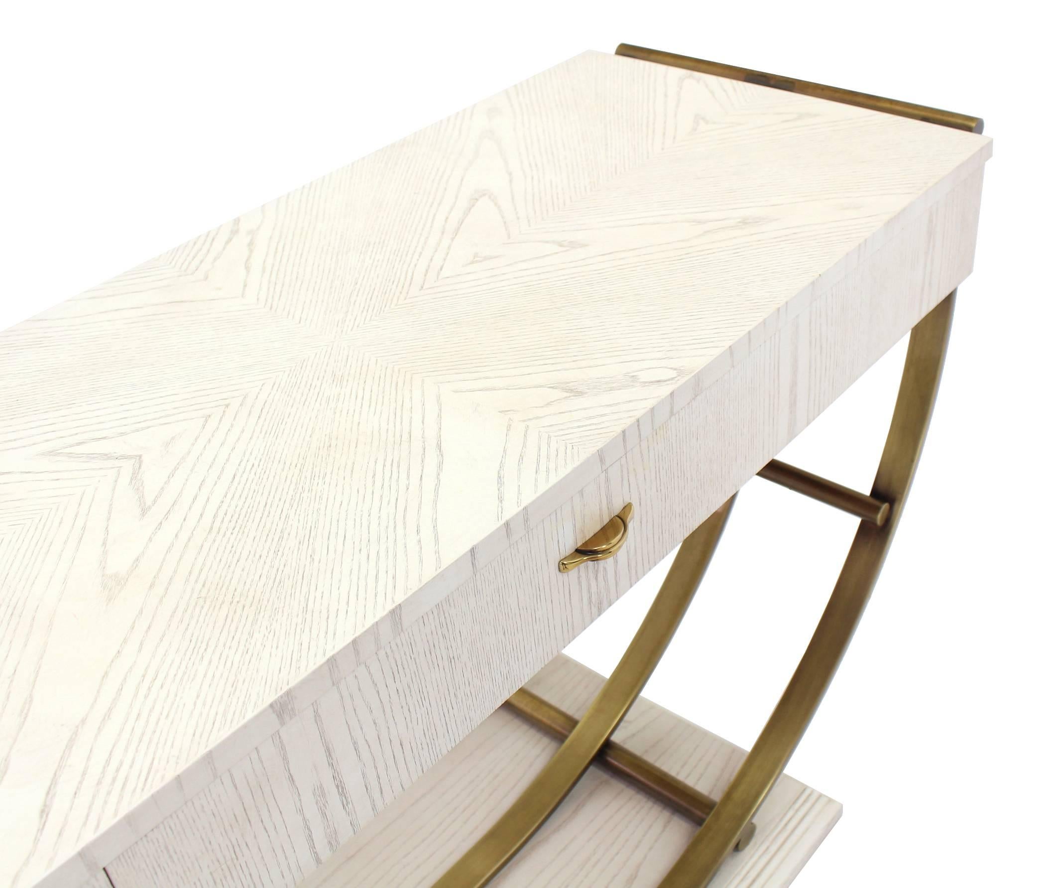 Mid-Century Modern White Pickled Oak Finish Brass U Shape Base Console Table For Sale