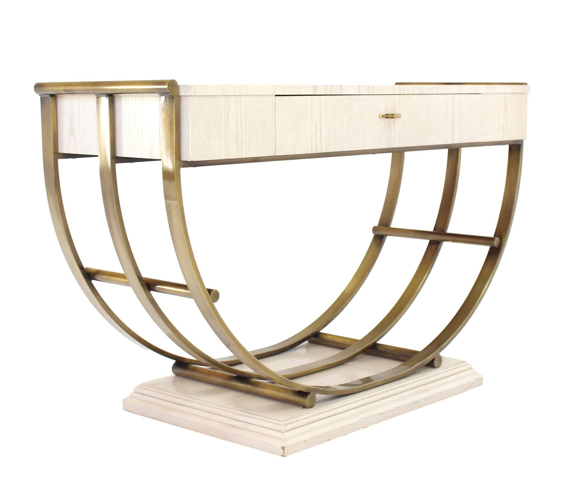 American White Pickled Oak Finish Brass U Shape Base Console Table For Sale