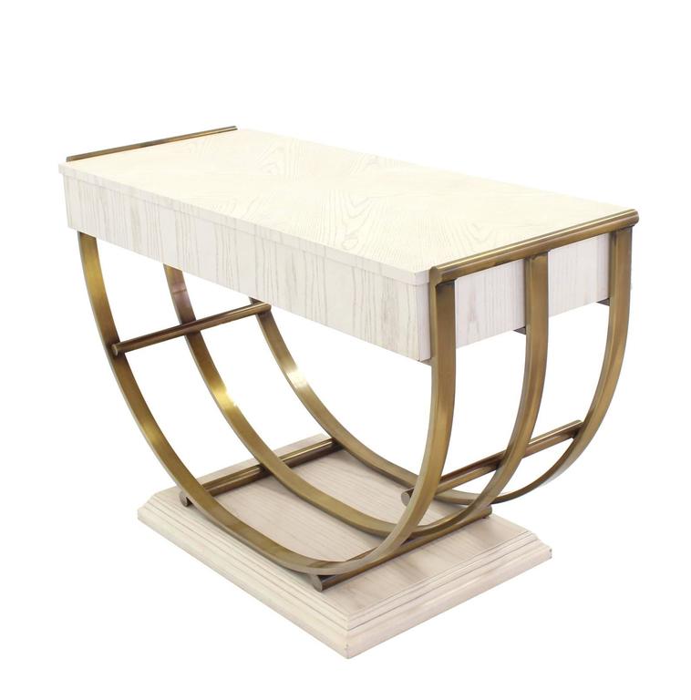 White Pickled Oak Finish Brass U Shape Base Console Table For Sale at 1stDibs u shaped console