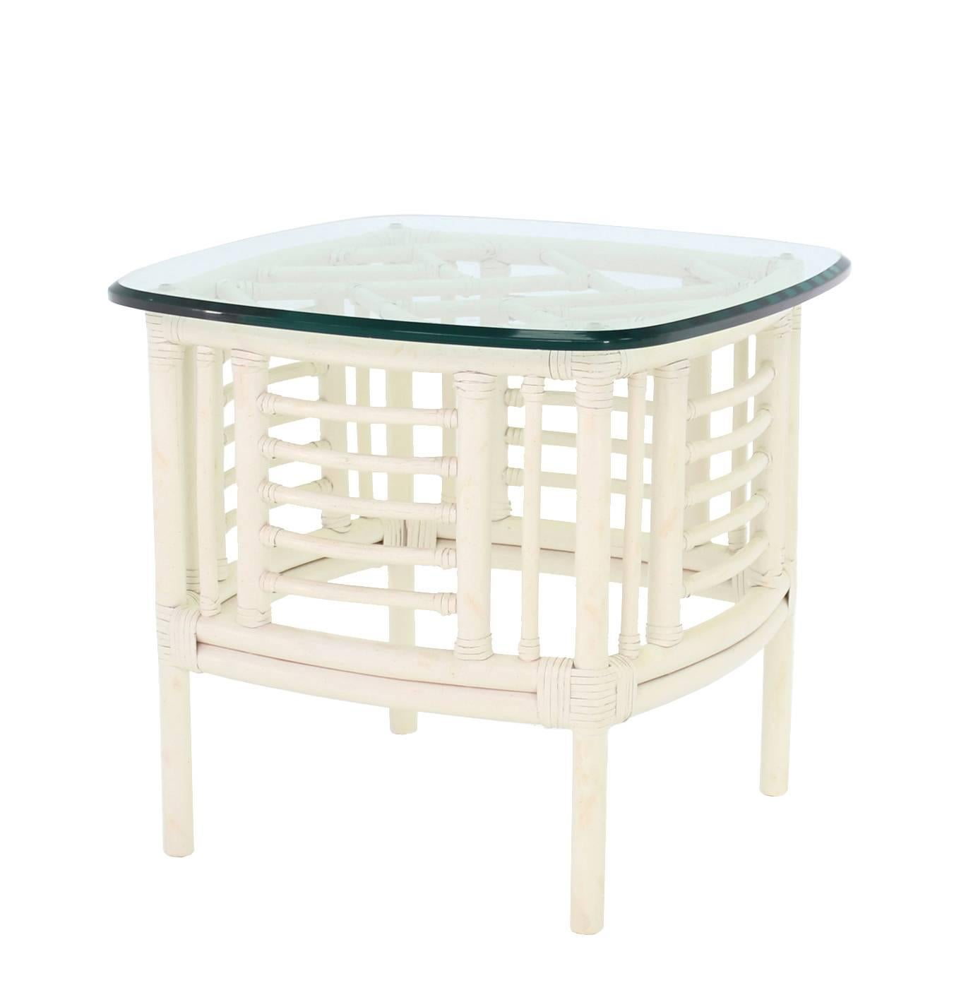 20th Century Pair of White Rattan Glass Top Mid-Century Modern Side Tables For Sale